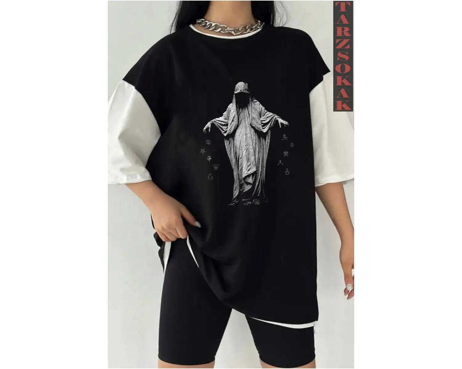 Siyah Oversize Çift Renk DREADLES  Baskılı Unisex Tshirt