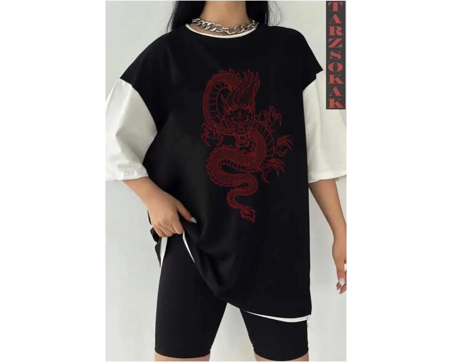 Siyah Oversize Çift Renk EJDERHA  Baskılı Unisex Tshirt