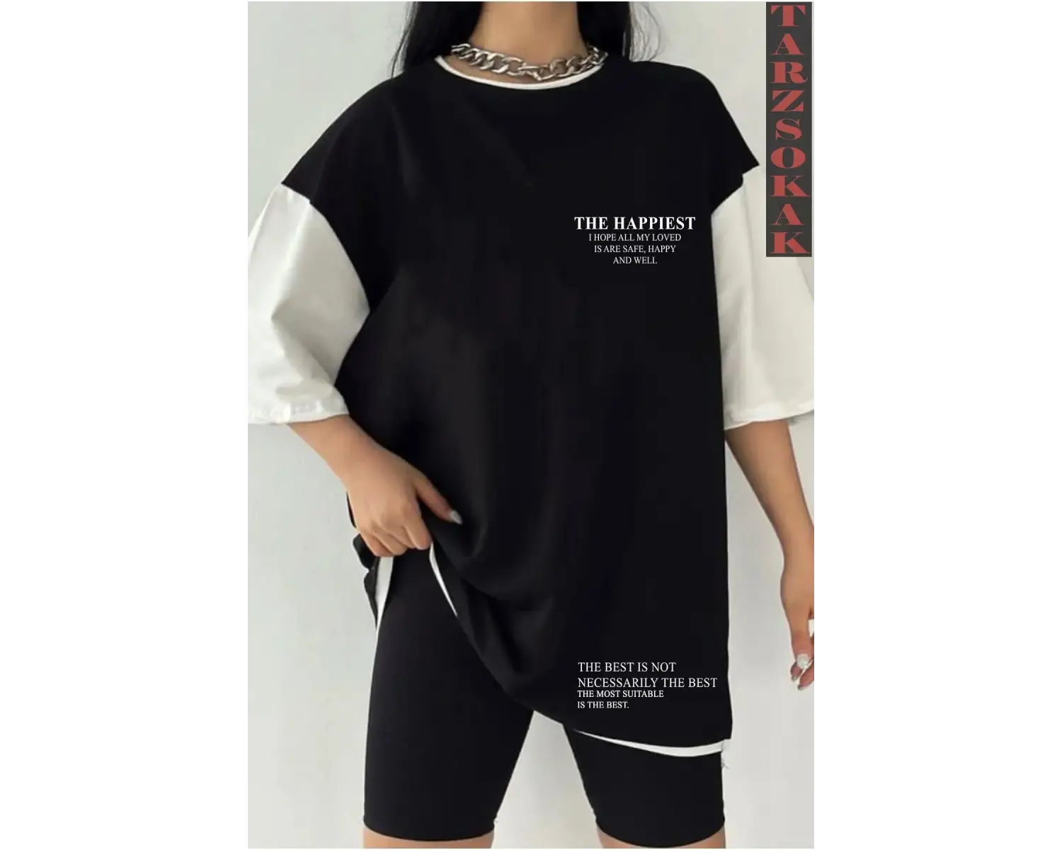 Siyah Oversize Çift Renk HAPPİEST YAZI  Baskılı Unisex Tshirt