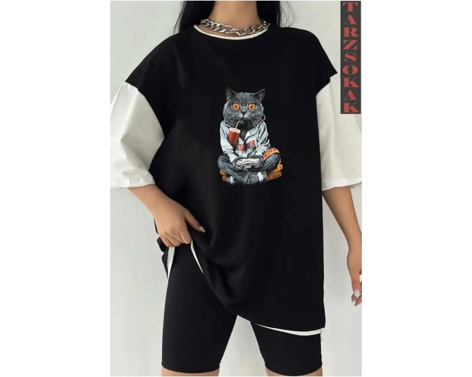 Siyah Oversize Çift Renk KEDİ CAT YAZI  Baskılı Unisex Tshirt
