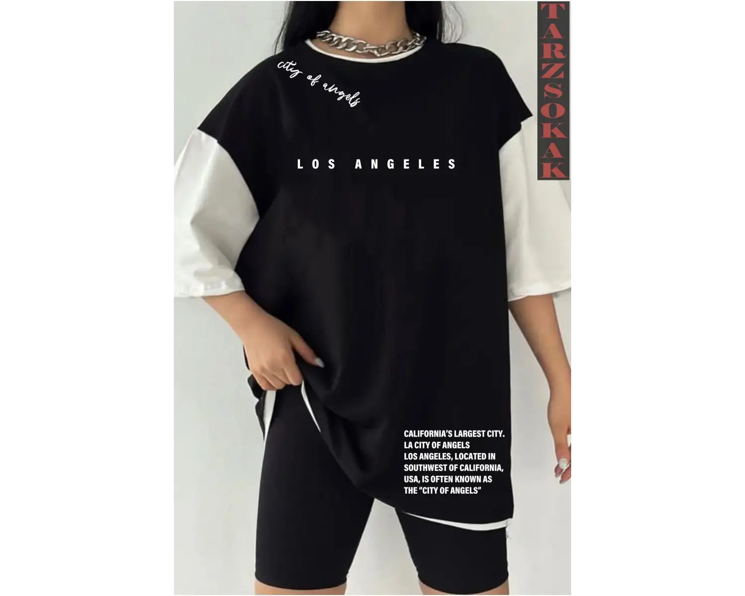 Siyah Oversize Çift Renk LOS ANGELSS YAZI  Baskılı Unisex Tshirt