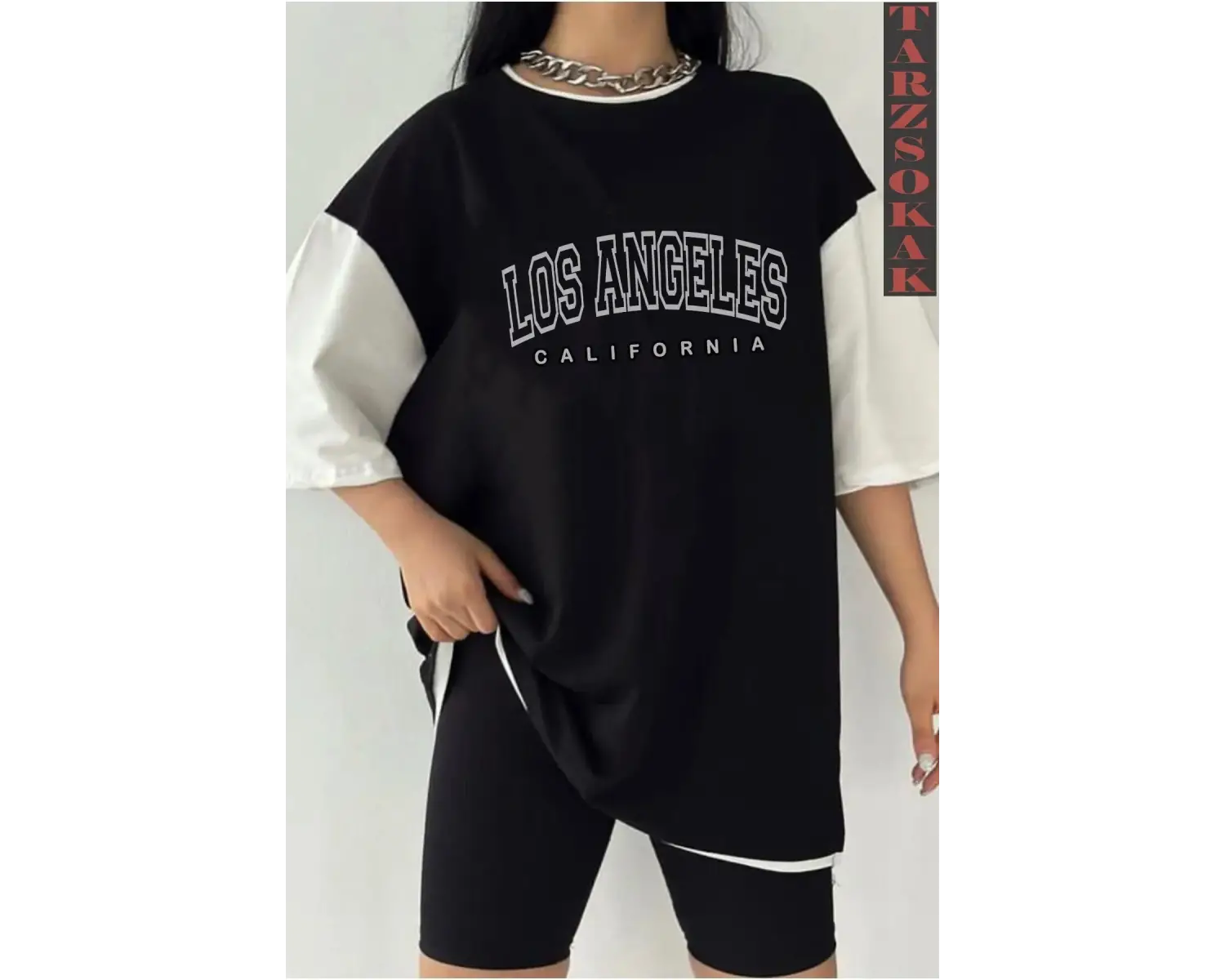 Siyah Oversize Çift Renk LOS ANGELSS YAZI  Baskılı Unisex Tshirt