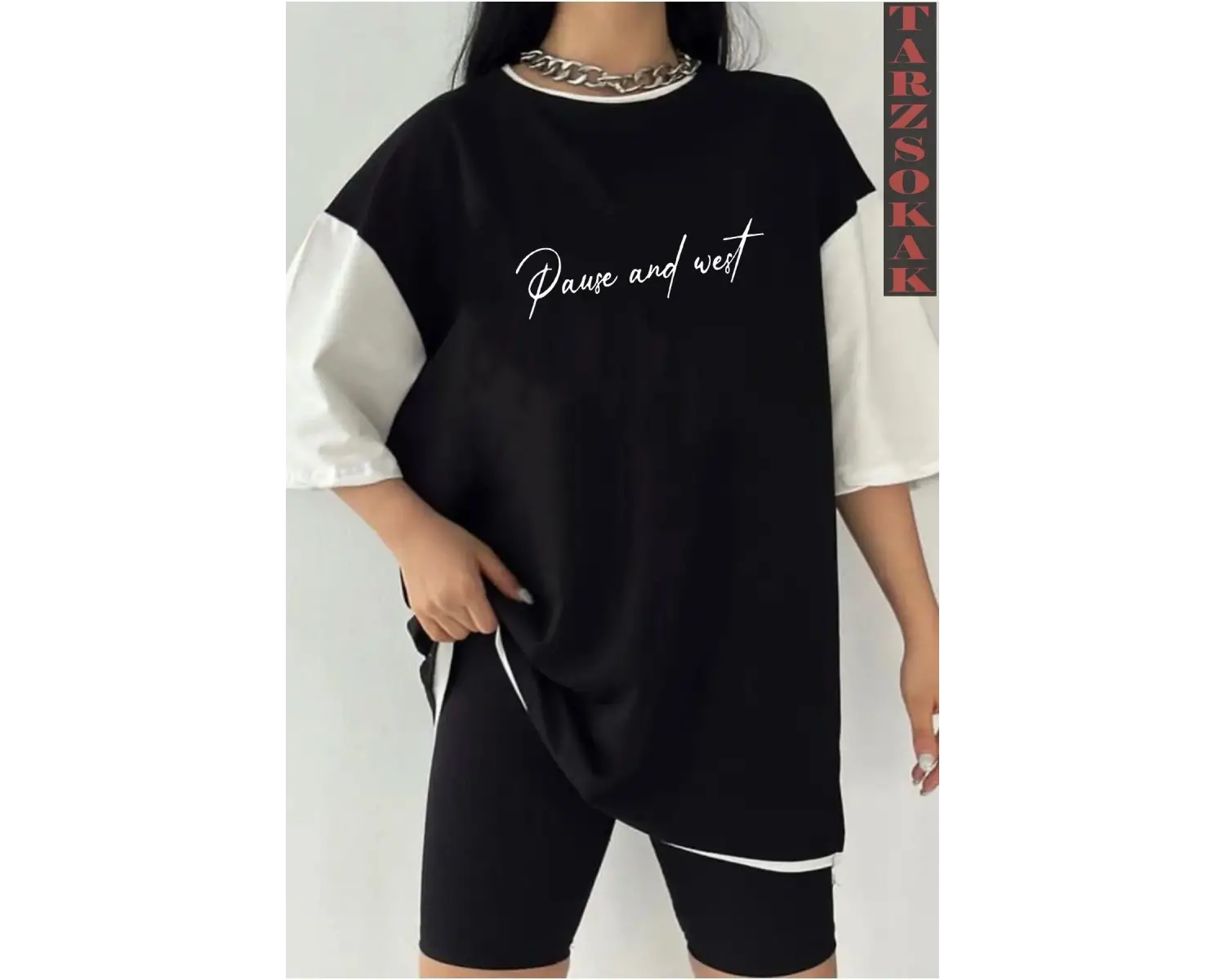 Siyah Oversize Çift Renk PAUSE YAZI  Baskılı Unisex Tshirt