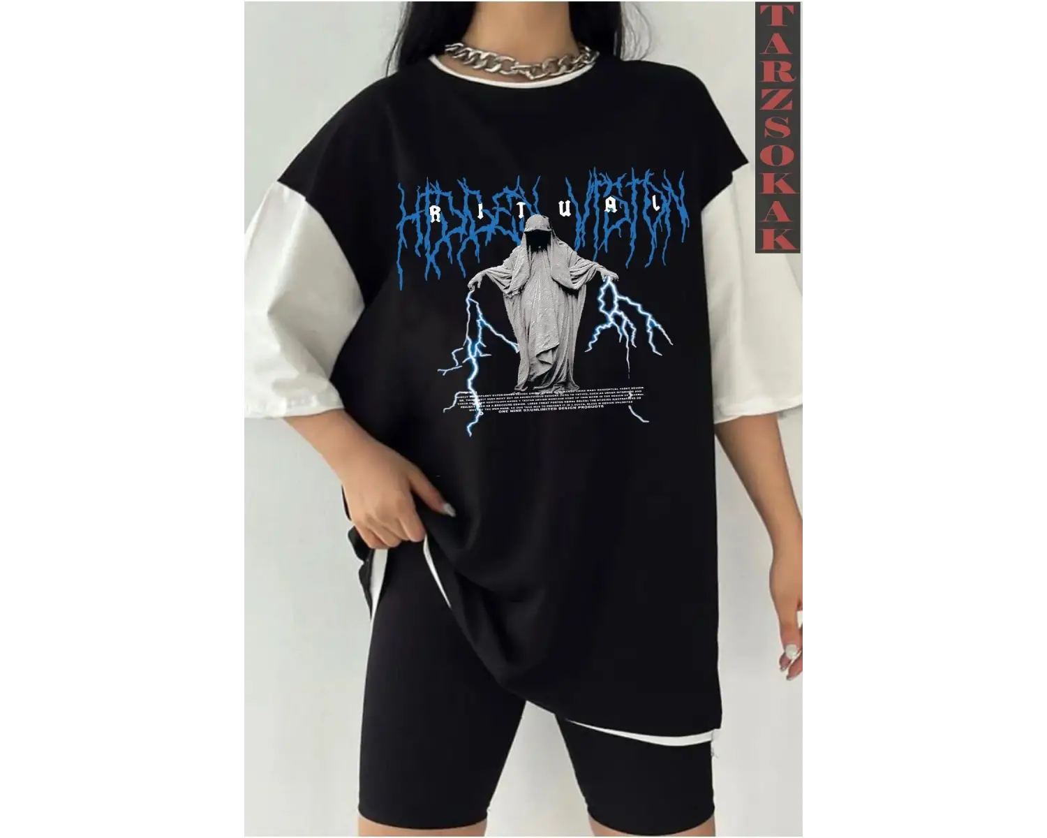 Siyah Oversize Çift Renk RİTUAL YAZI  Baskılı Unisex Tshirt