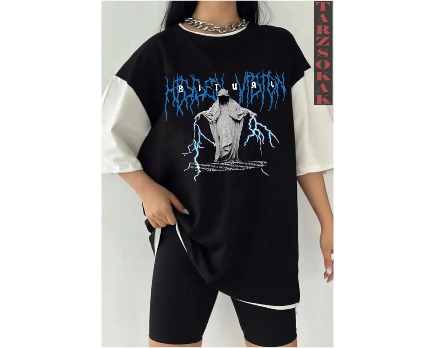 Siyah Oversize Çift Renk RİTUAL YAZI  Baskılı Unisex Tshirt