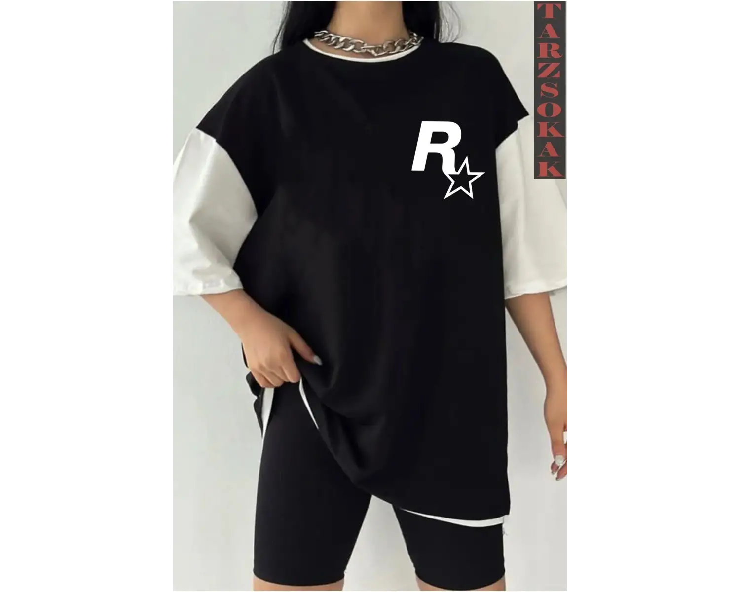 Siyah Oversize Çift Renk ROCKSSTAR  Baskılı Unisex Tshirt