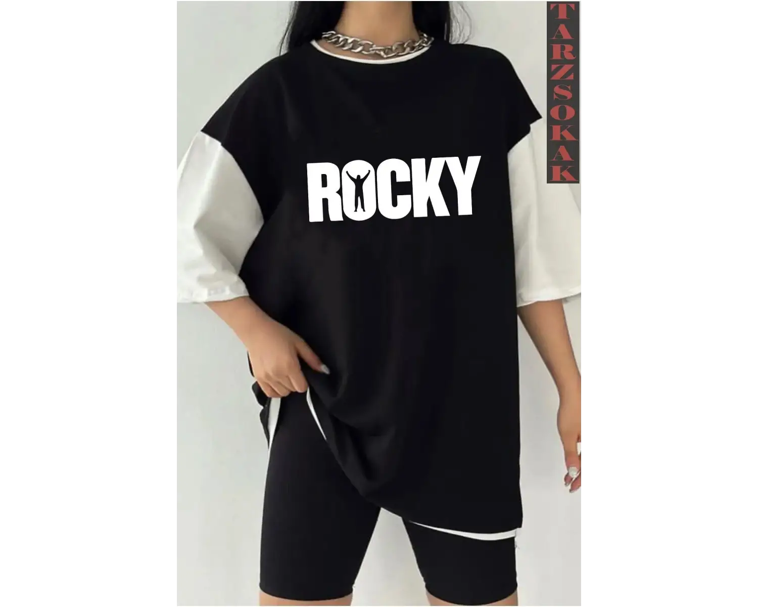 Siyah Oversize Çift Renk ROCKY  Baskılı Unisex Tshirt