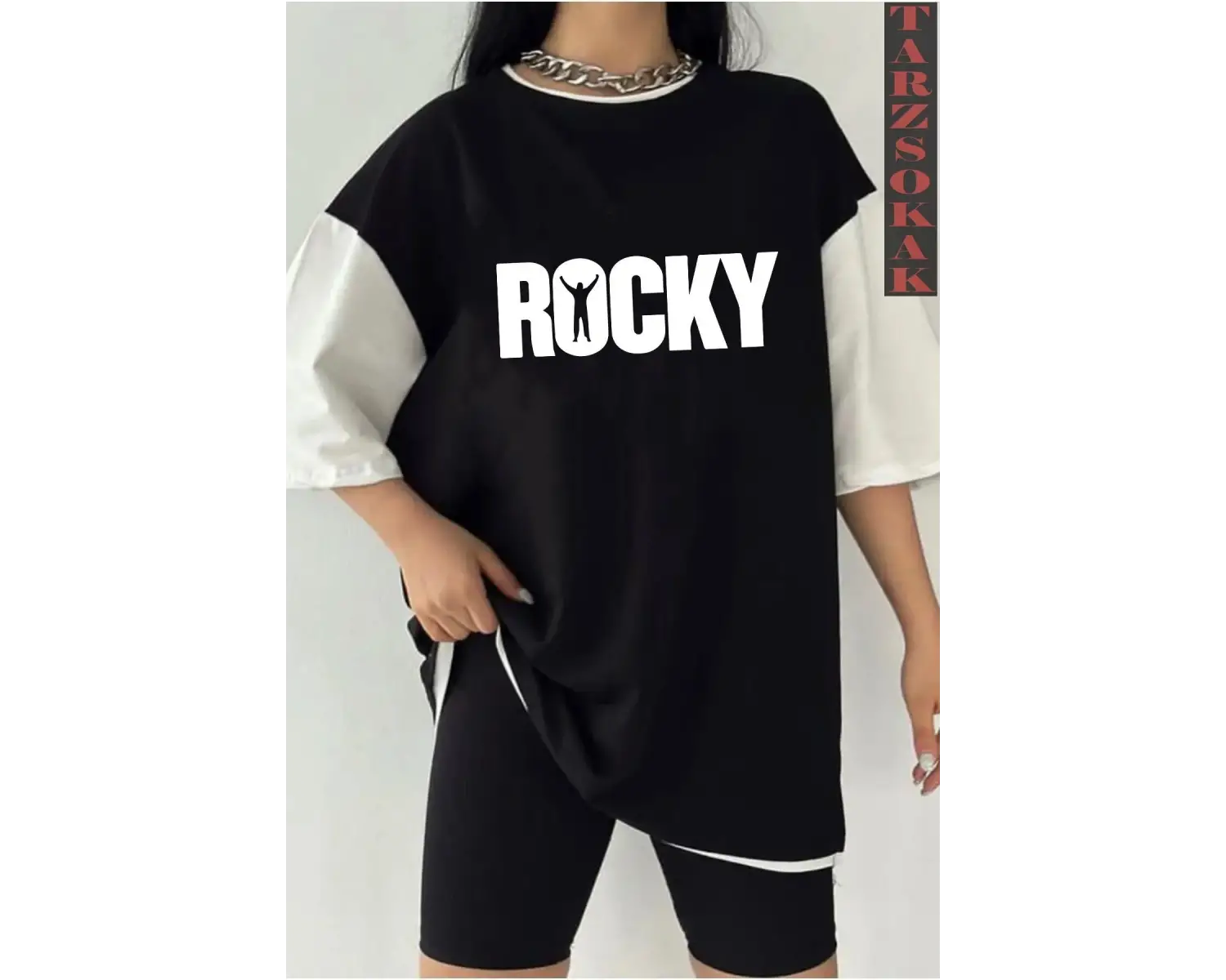 Siyah Oversize Çift Renk ROCKY  Baskılı Unisex Tshirt