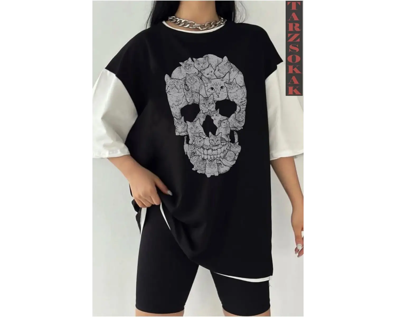 Siyah Oversize Çift Renk SKULL  Baskılı Unisex Tshirt