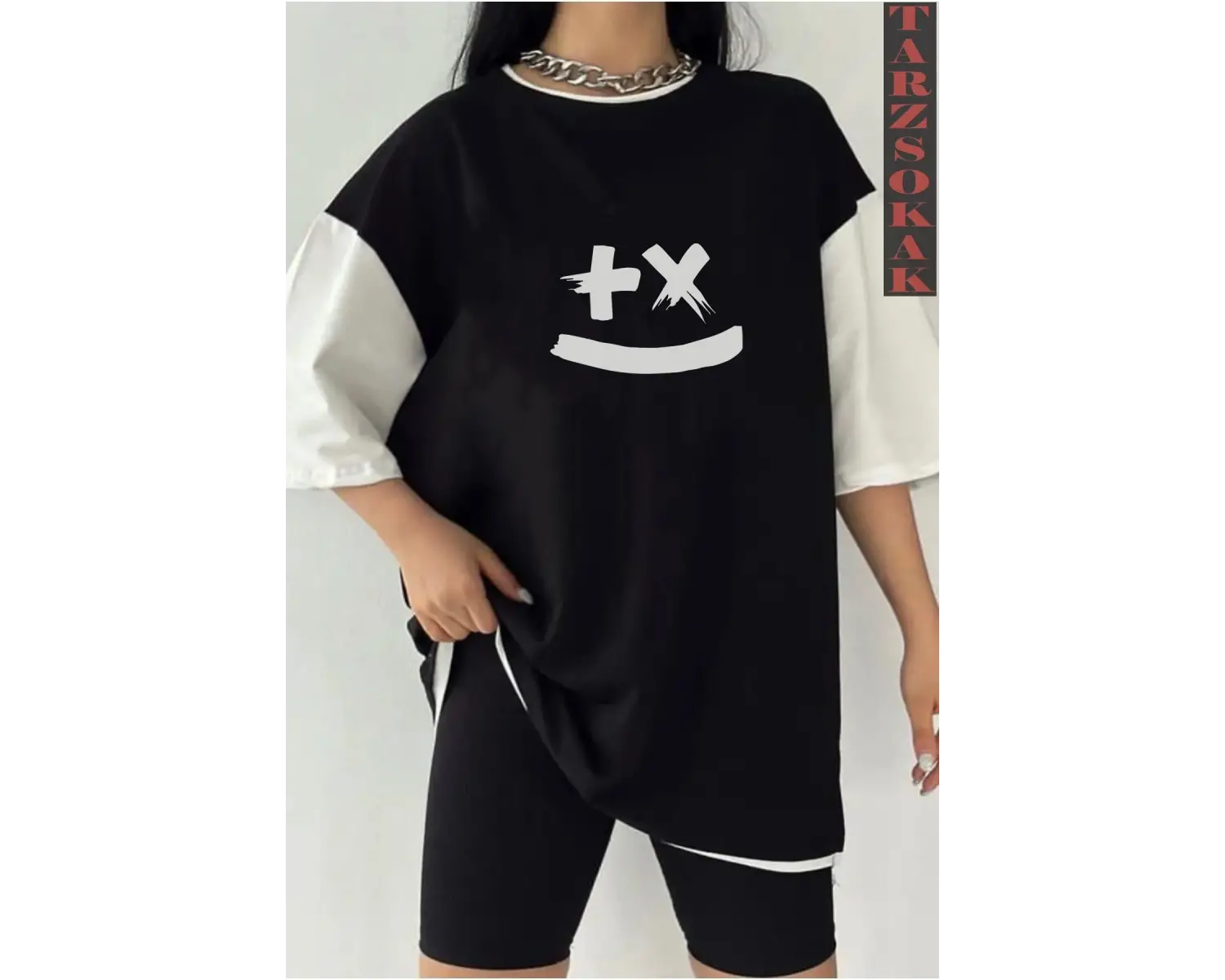 Siyah Oversize Çift Renk SMİLE  Baskılı Unisex Tshirt