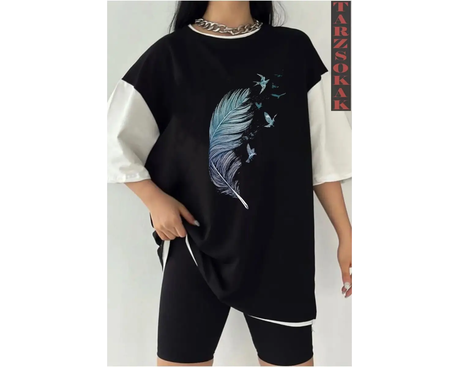 Siyah Oversize Çift Renk TÜY  Baskılı Unisex Tshirt