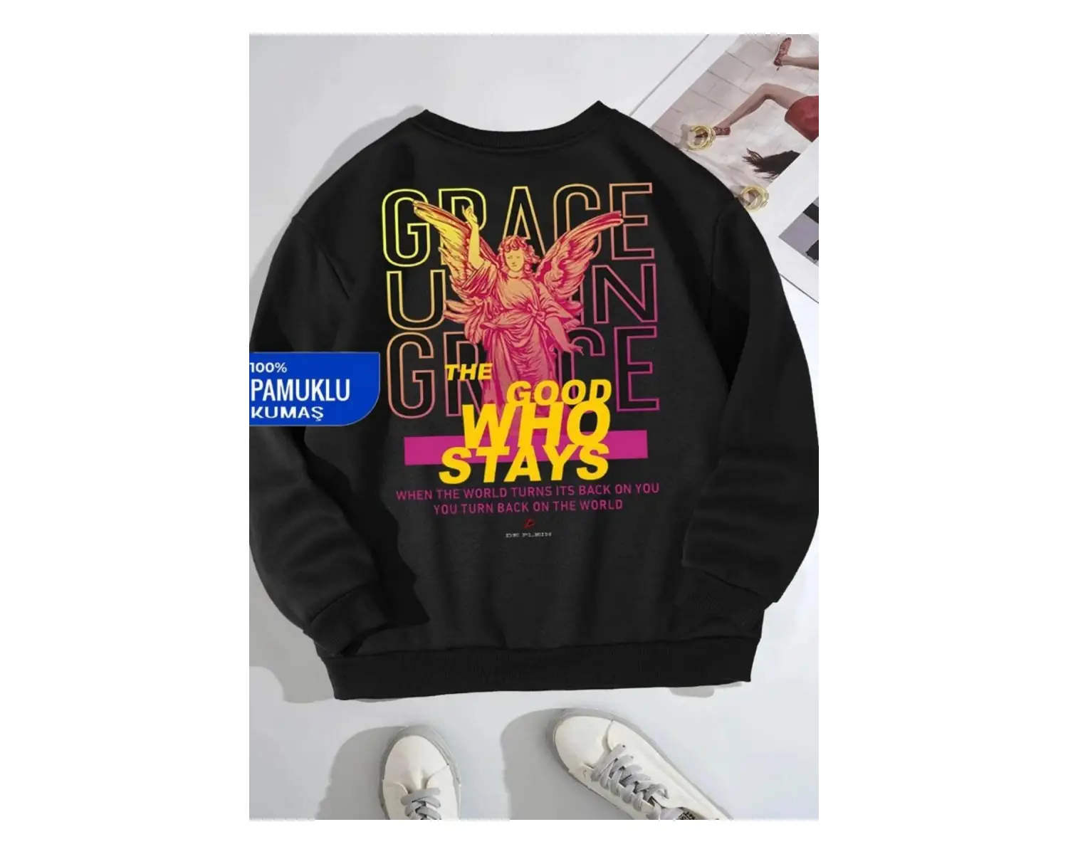 Siyah Oversize Goog Grace Baskılı Pamuklu Kapşonsuz 0 Yaka Unisex Sweatshirt