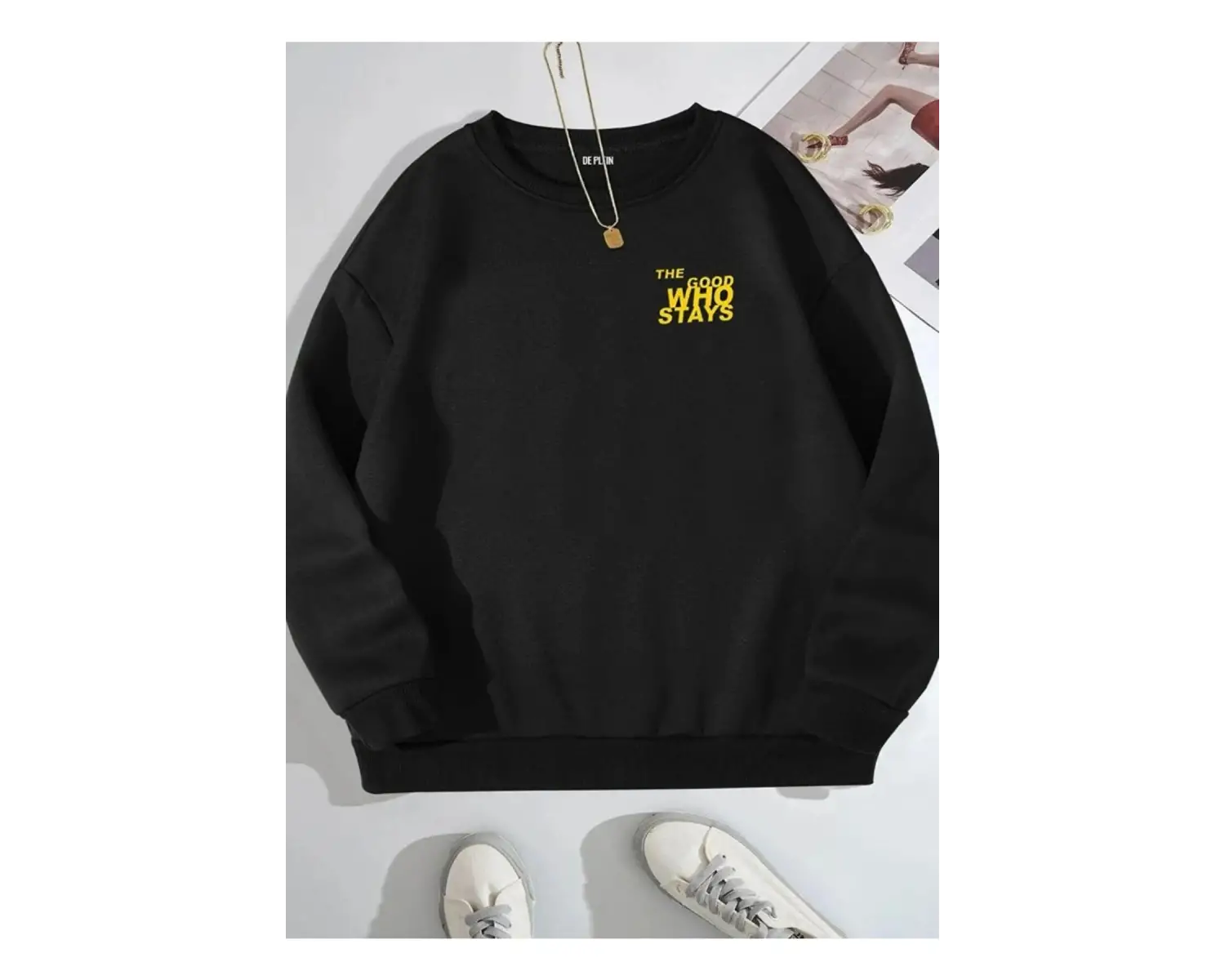 Siyah Oversize Goog Grace Baskılı Pamuklu Kapşonsuz 0 Yaka Unisex Sweatshirt