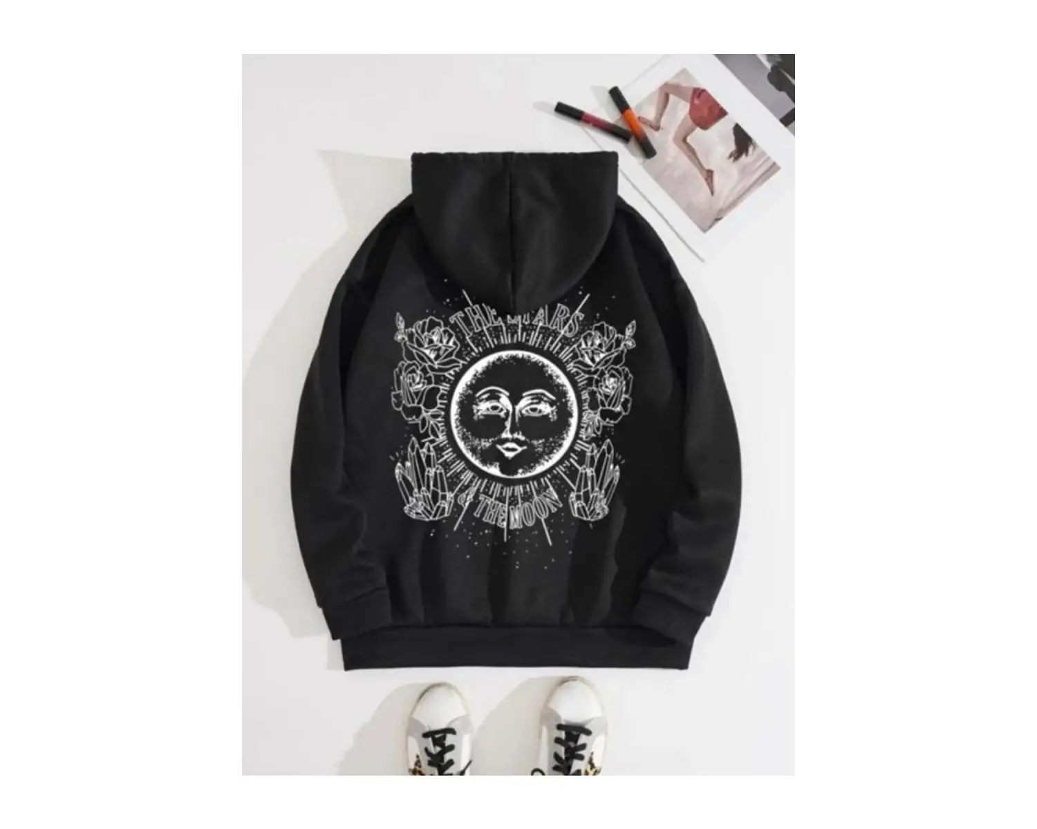 Siyah Oversize Güneş Baskılı Kapşonlu Kanguru Cepli Unisex Swetshirt