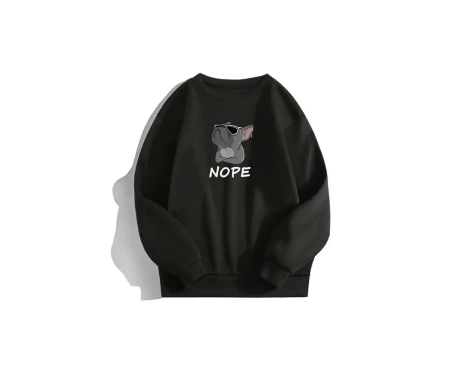 Siyah Oversize Kapşonsuz 0 Yaka Bulldog Baskılı Pamuklu Sweatshirt