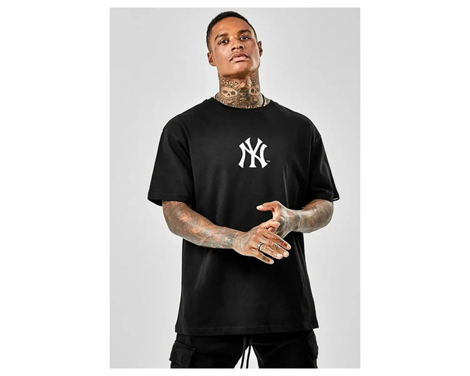 Siyah Oversize Ny Ci?ty Baskılı Pamuklu Unisex Bisiklet Yaka Tshirt