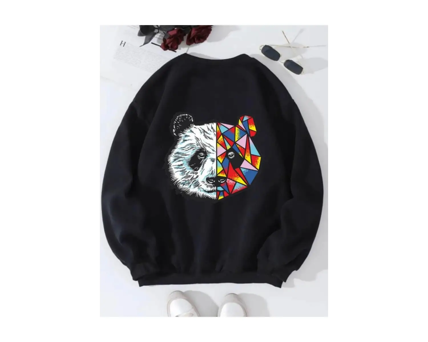 Siyah Oversize Panda Baskılı Pamuklu 0 Yaka Kapşonsuz Unisex Sweatshirt