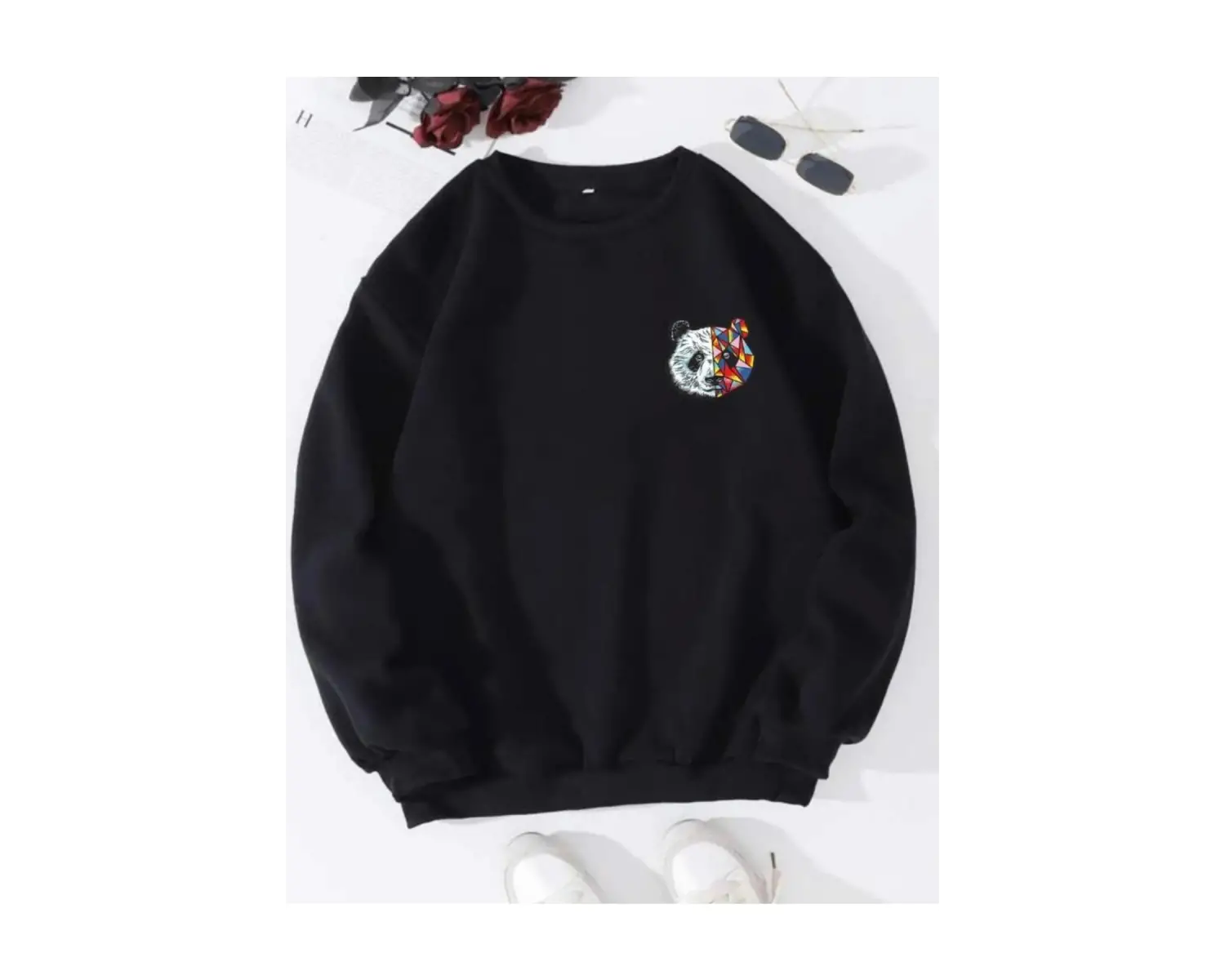 Siyah Oversize Panda Baskılı Pamuklu 0 Yaka Kapşonsuz Unisex Sweatshirt