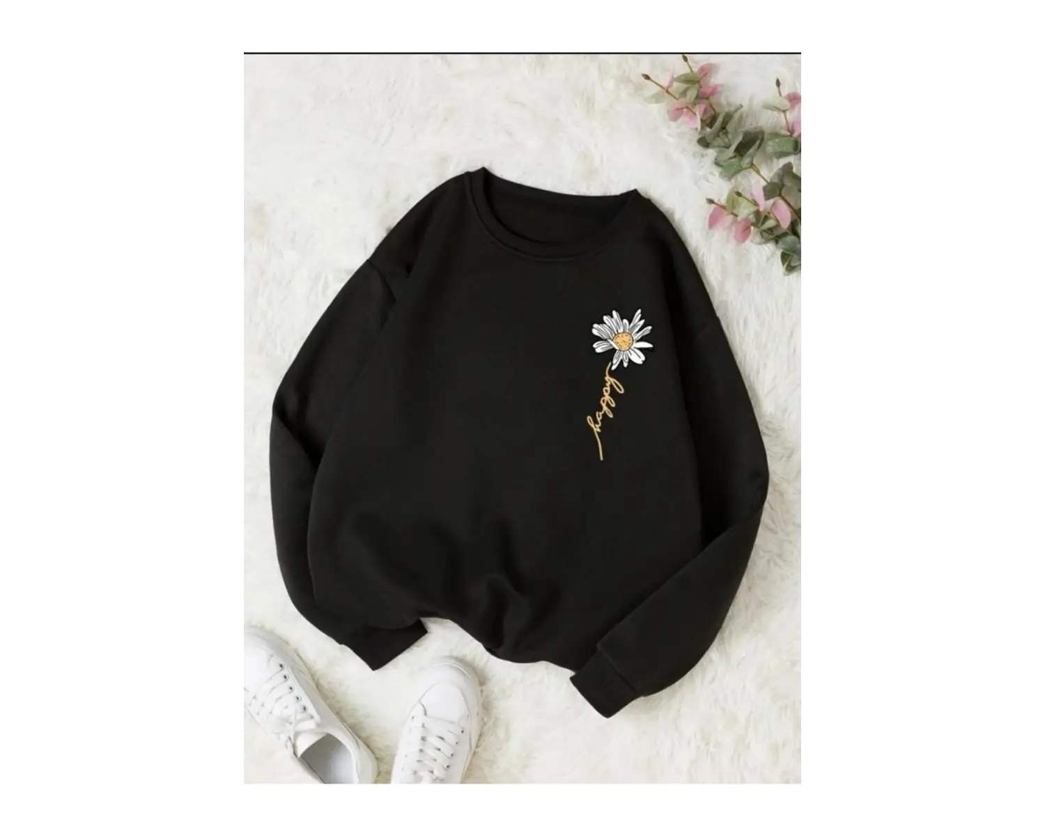 Siyah Oversize Papatya Baskılı 0 Yaka Kapşonsuz Pamuklu Kadın Sweatshirt