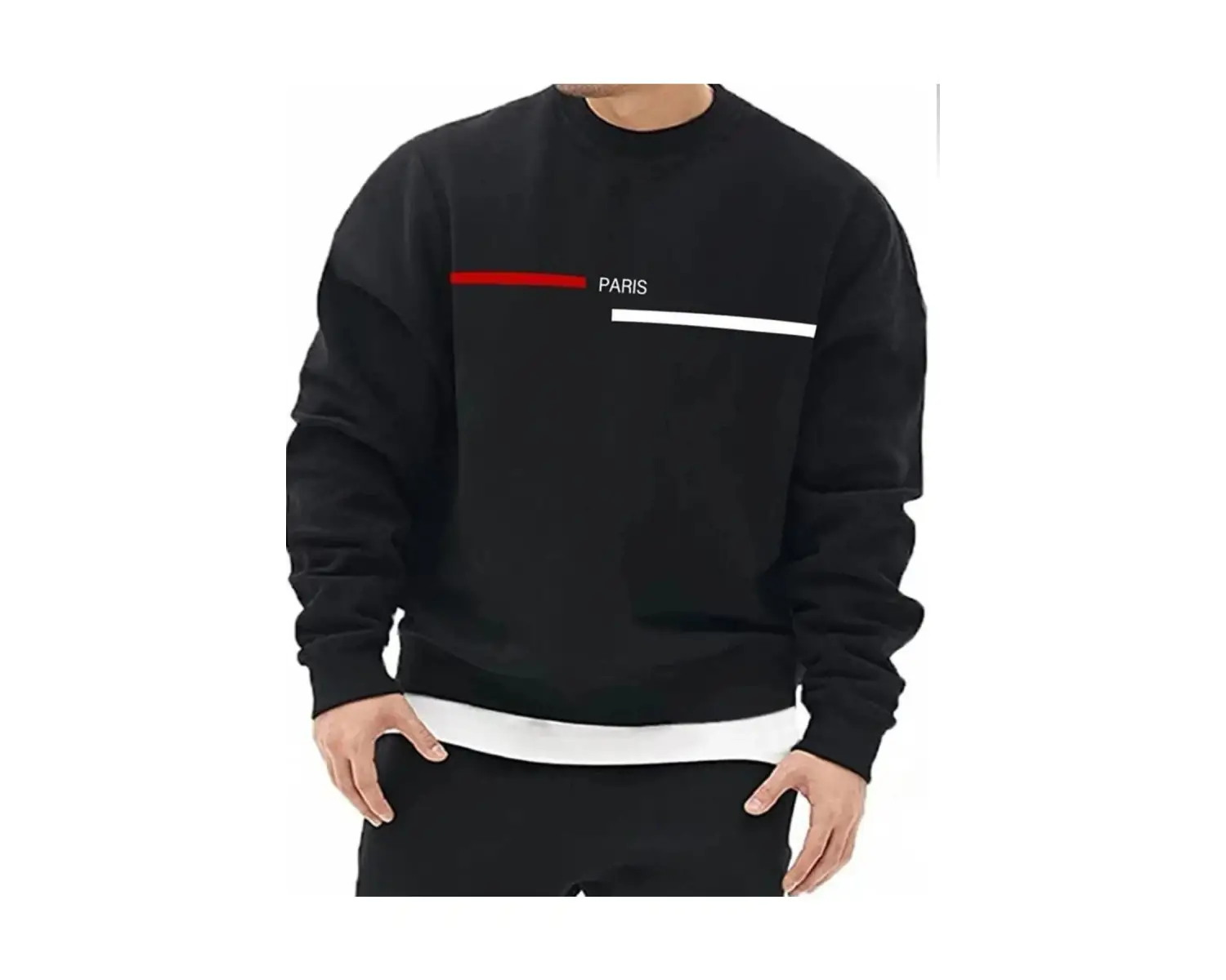 Siyah Oversize Paris Şerit Baskılı Pamuklu Kapşonsuz Bisiklet Yaka Unisex Sweatshirt
