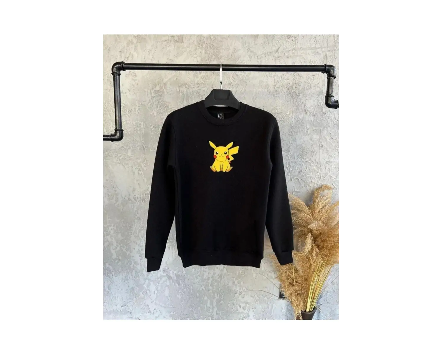 Siyah Oversize Pikaçu Baskılı Kapşonsuz 0 Yaka Pamuklu Unisex Sweatshirt