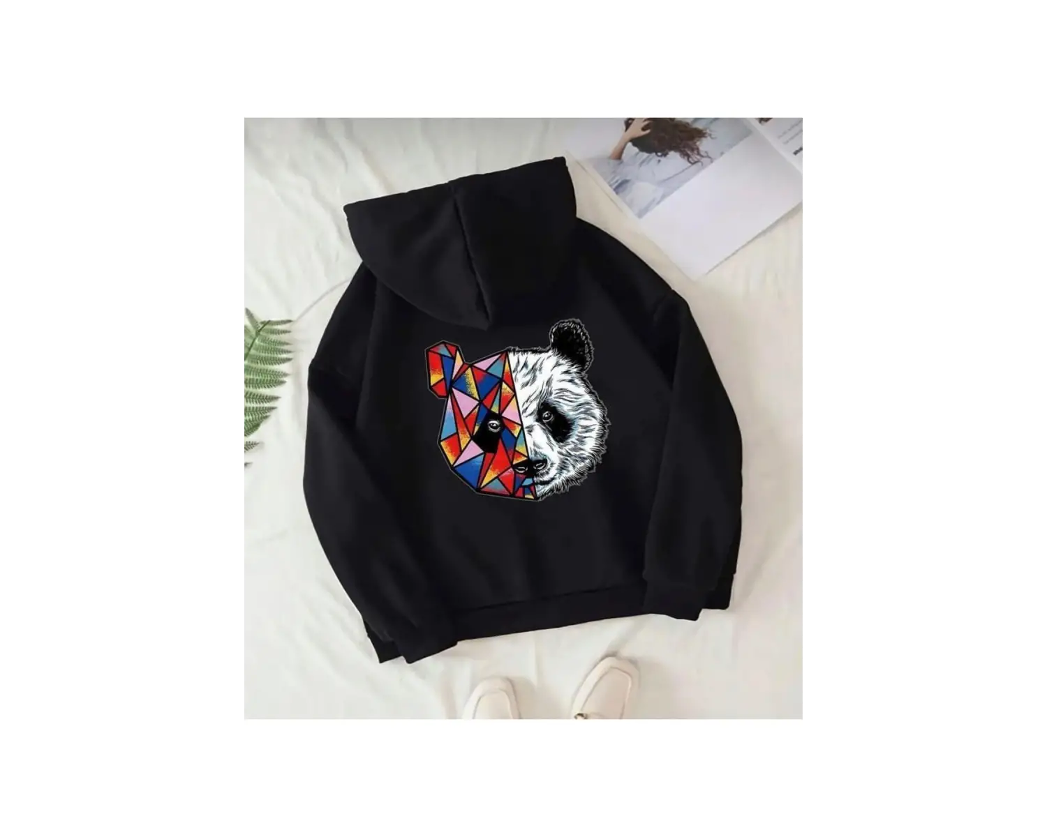 Siyah Oversize Renkli Panda Baskılı Kapşonlu Kanguru Cepli Pamuklu Sweatshirt