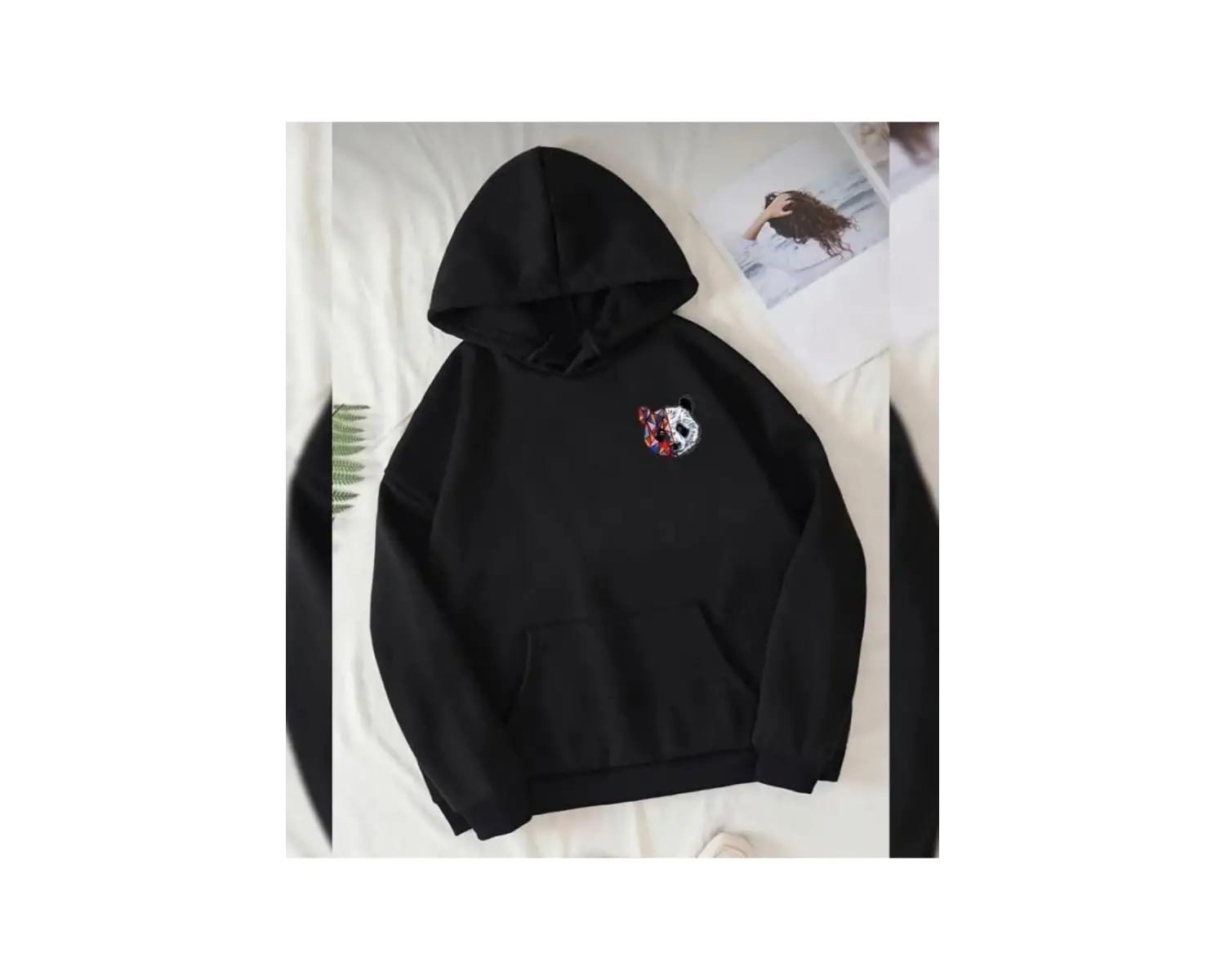 Siyah Oversize Renkli Panda Baskılı Kapşonlu Kanguru Cepli Pamuklu Sweatshirt
