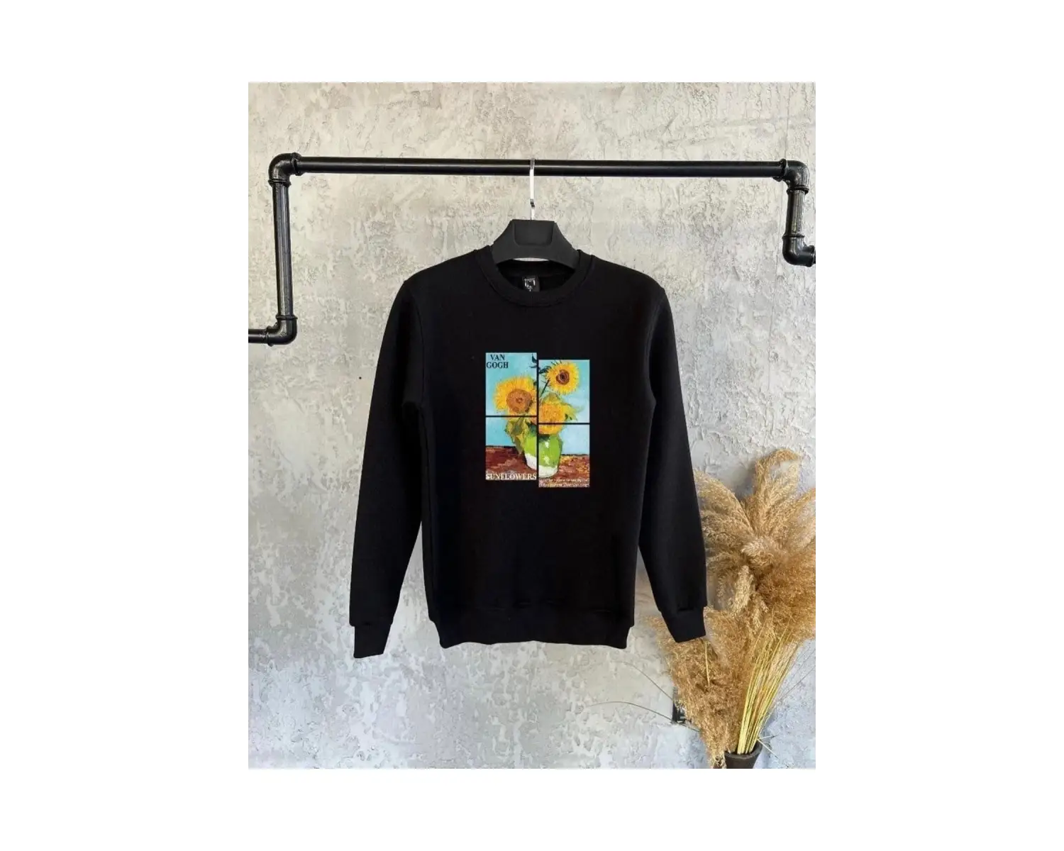 Siyah Oversize Tasarım Baskılı Kapşonsuz 0 Yaka Pamuklu Unisex Sweatshirt
