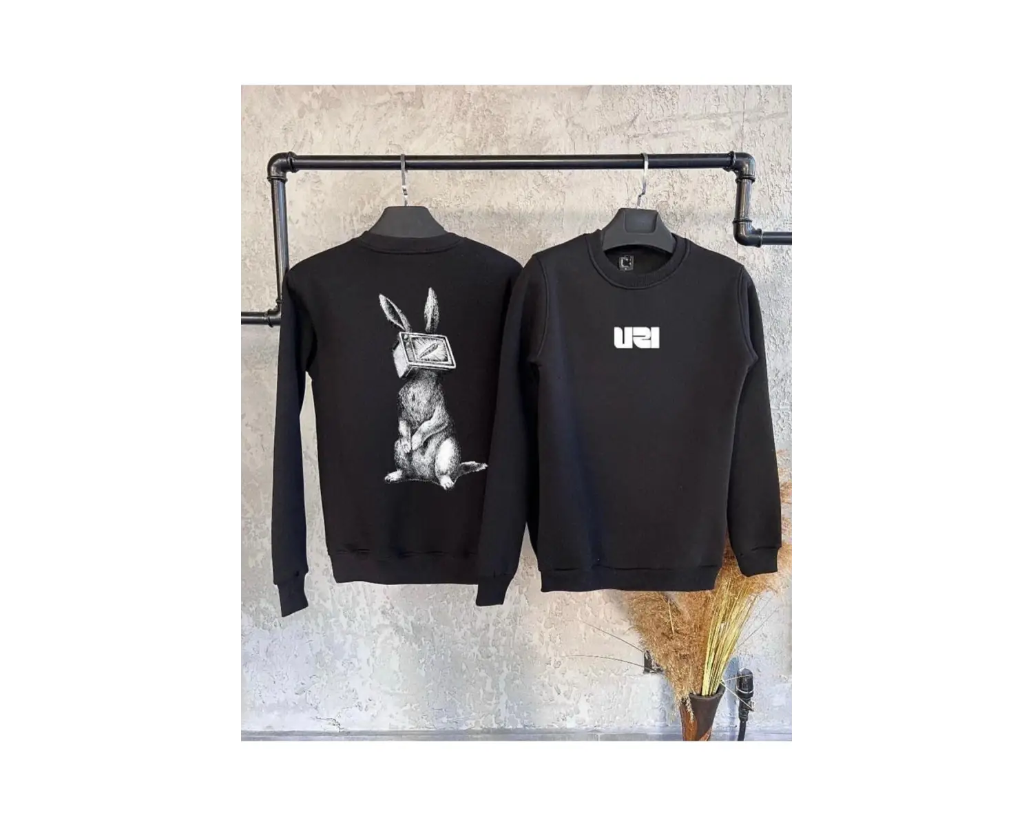 Siyah Oversize Tavşan Ön Arka Baskılı Kapşonsuz 0 Yaka Pamuklu Unisex Sweatshirt