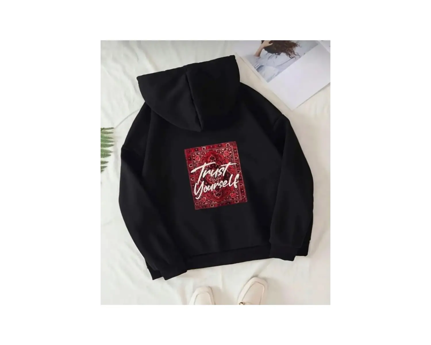 Siyah Oversize Trust Yourself Baskılı Kapşonlu Kanguru Cepli Pamuklu Sweatshirt