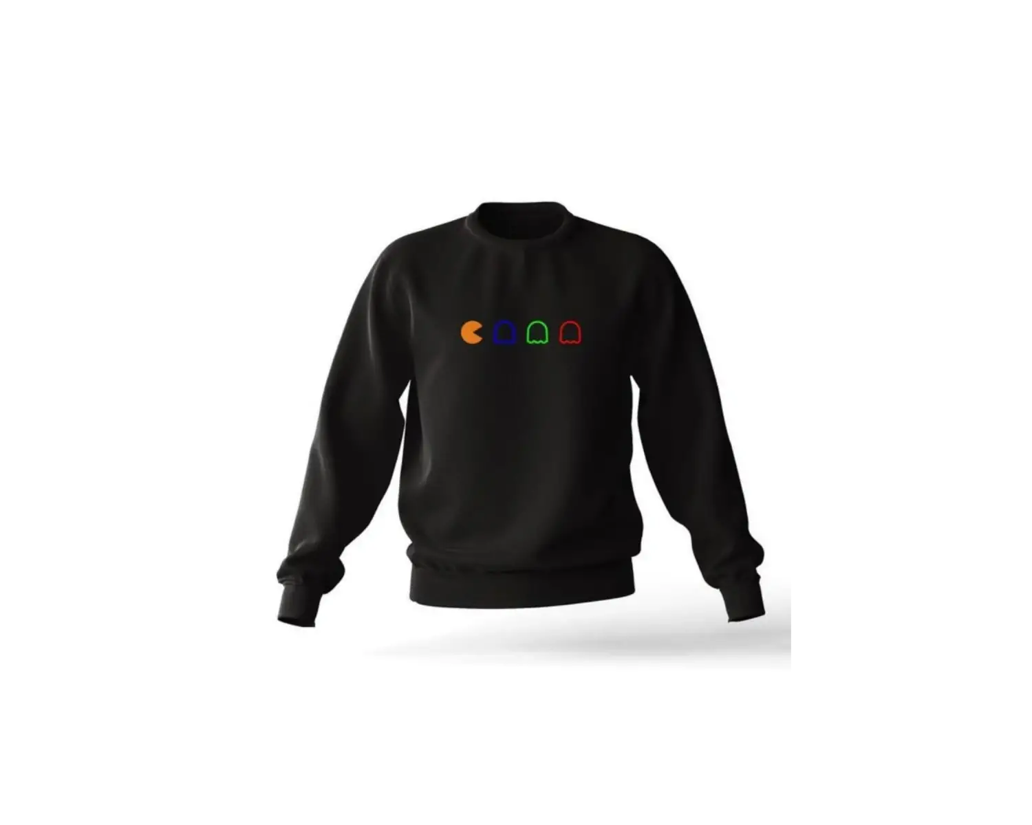 Siyah Oversıze Unisex Pacman Baskılı Pamuklu Kapşonsuz 0 Yaka Sweatshirt