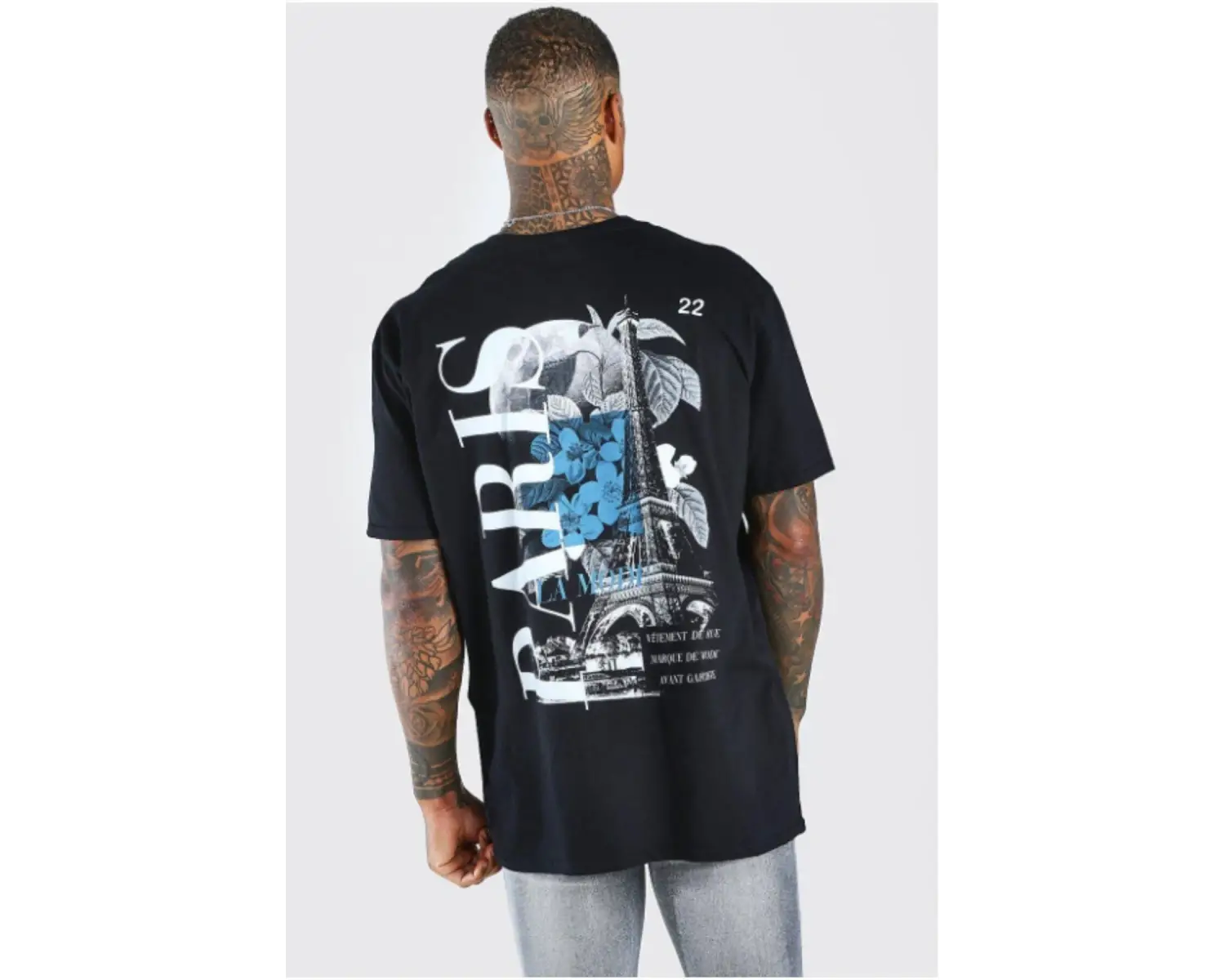 Siyah Paris Baskılı Oversize Bisiklet Yaka T-shirt