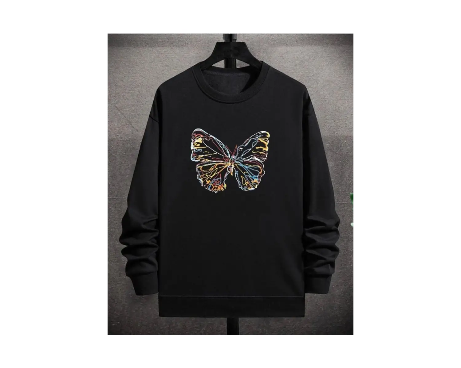 Siyah Renkli Kelebek Baskılı 0 Yaka Kapşonsuz Pamuklu Sweatshirt