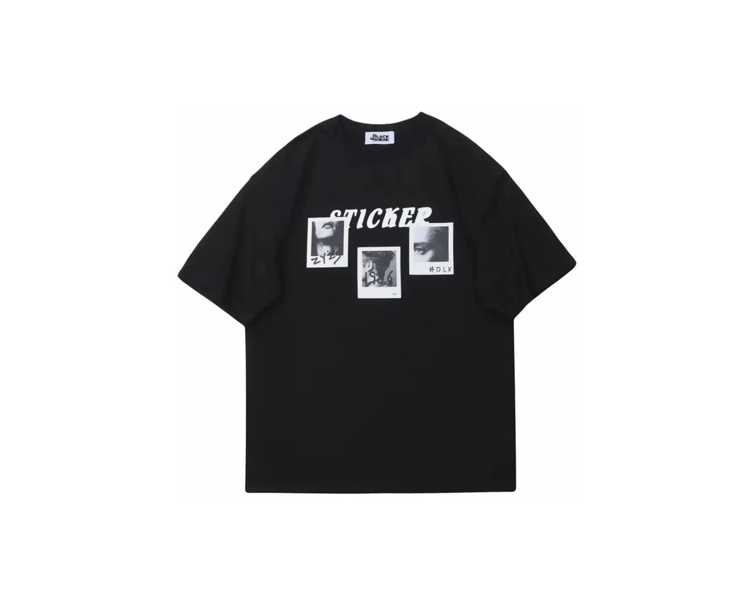 Siyah Sticker Baskılı Oversize Bisiklet Yaka Erkek Tişört