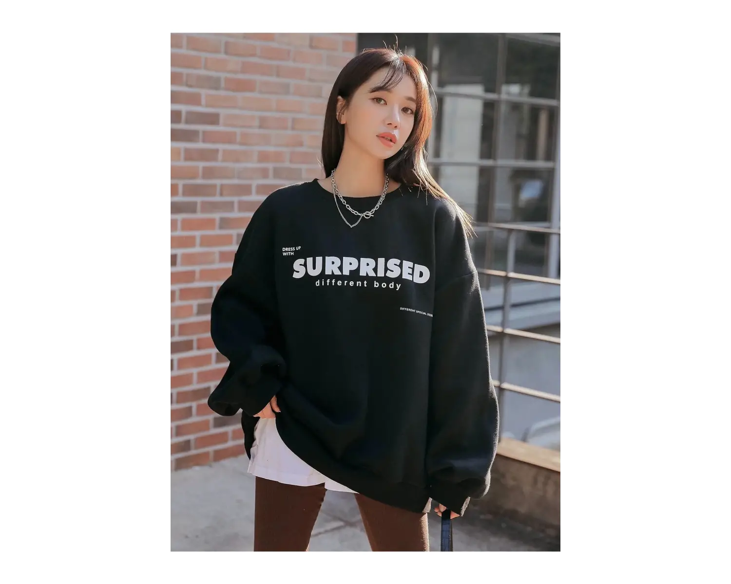 Siyah Surprised Yazı Baskılı Oversize Bisiklet Yaka Sweatshirt