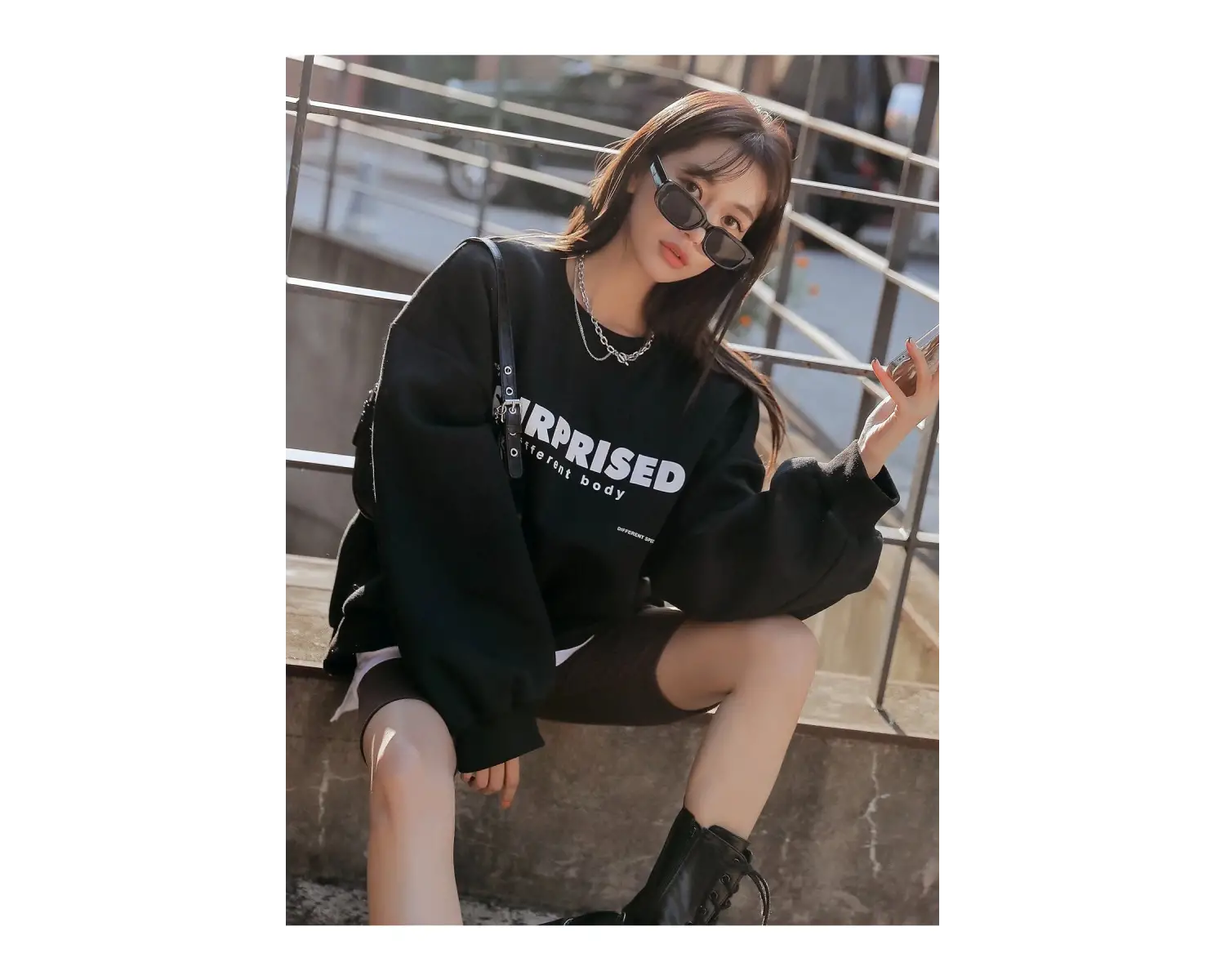 Siyah Surprised Yazı Baskılı Oversize Bisiklet Yaka Sweatshirt