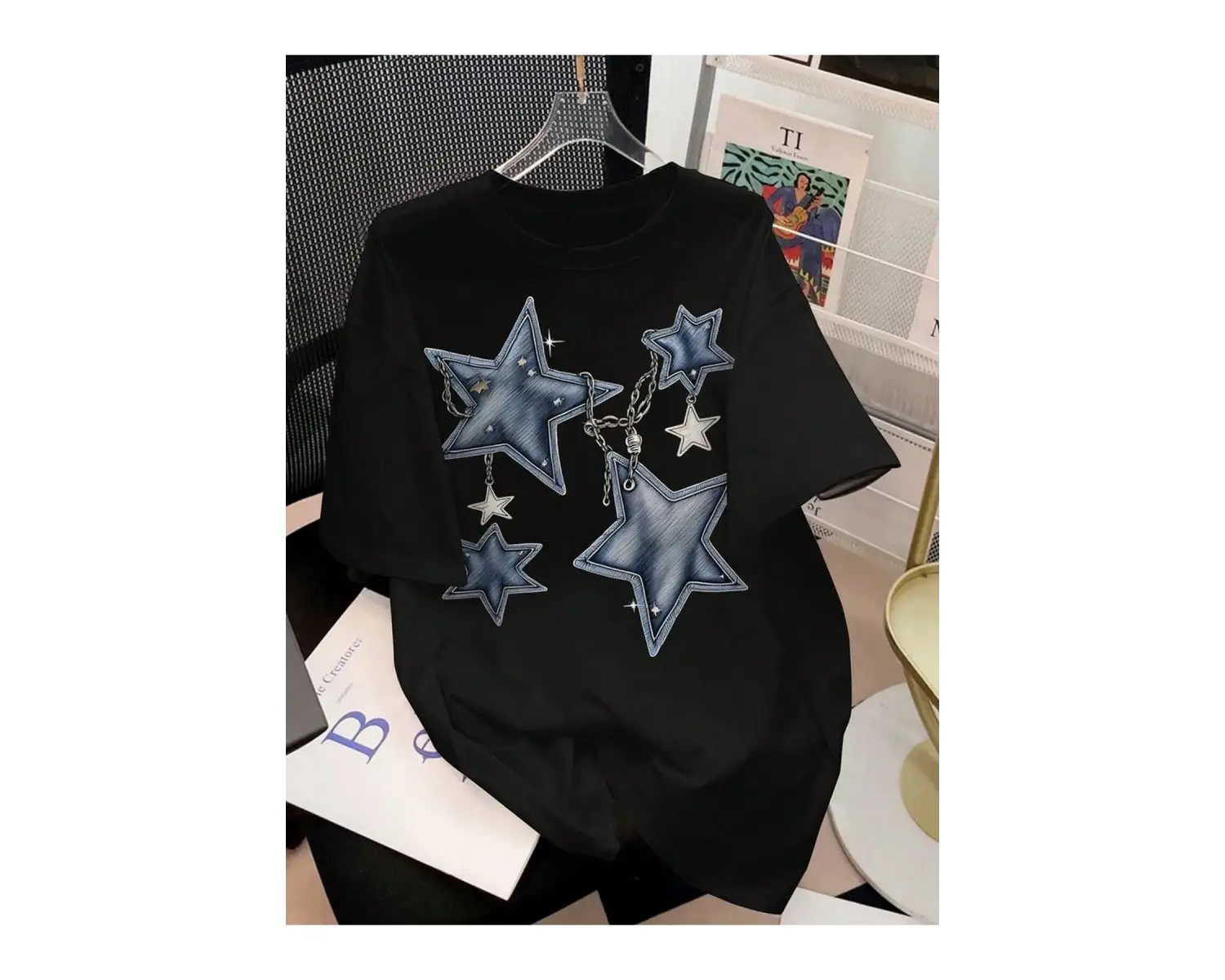 SİYAH T SHIRT YILDIZ DESENLİ