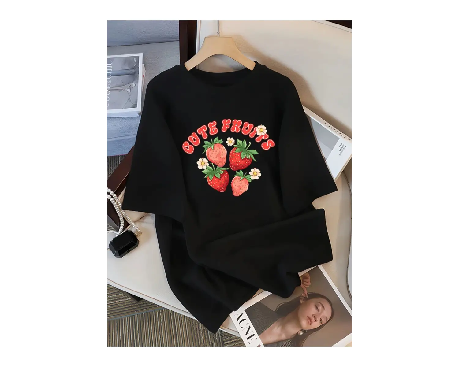 Siyah Taze Çilek Meyve Baskılar Sokak Yaz Tees Serin Nefes Spor