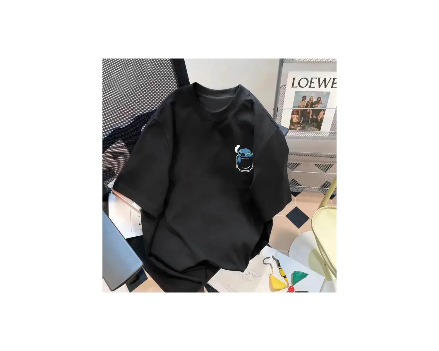 Siyah Trendy Yaz Beş Kollu Üst Mor Çiçek Baskı Basit Çok Yönlü Bisiklet Yaka Üst Mor Çiçek G