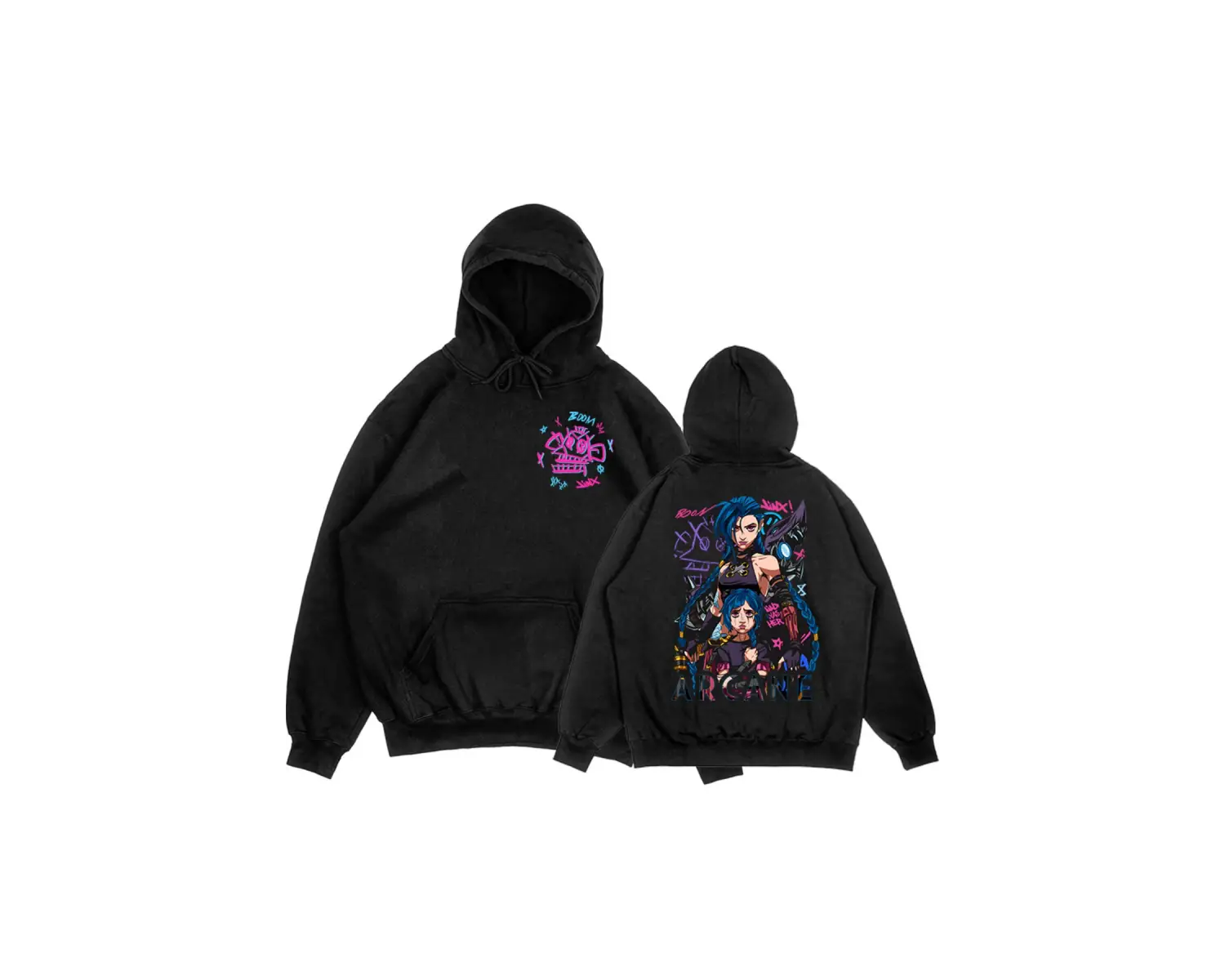 Siyah Unisex Arcane Jinx Boom Maymun Kapüşonlular video oyunu