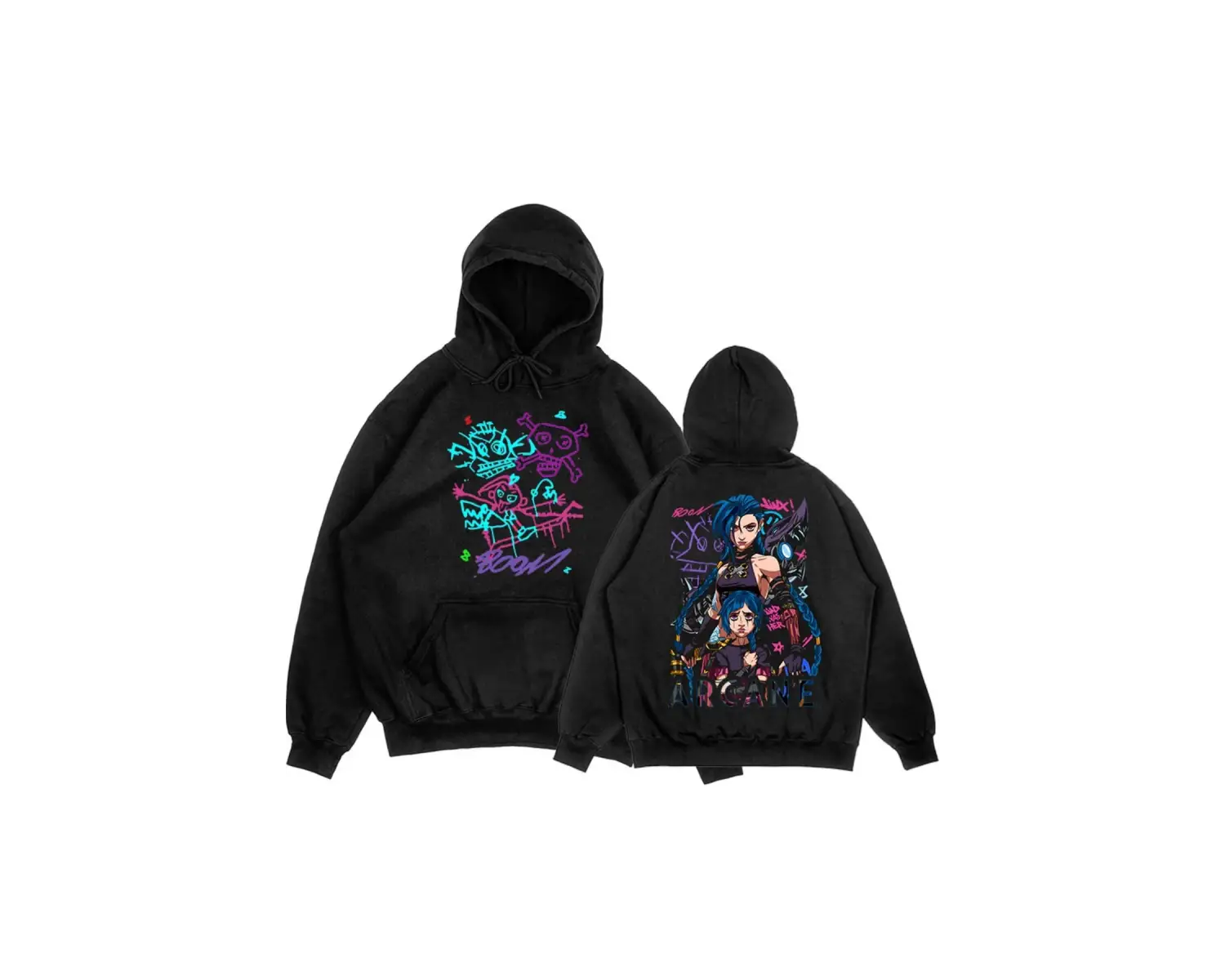 Siyah Unisex Arcane Jinx Boom Maymun Kapüşonlular video oyunu