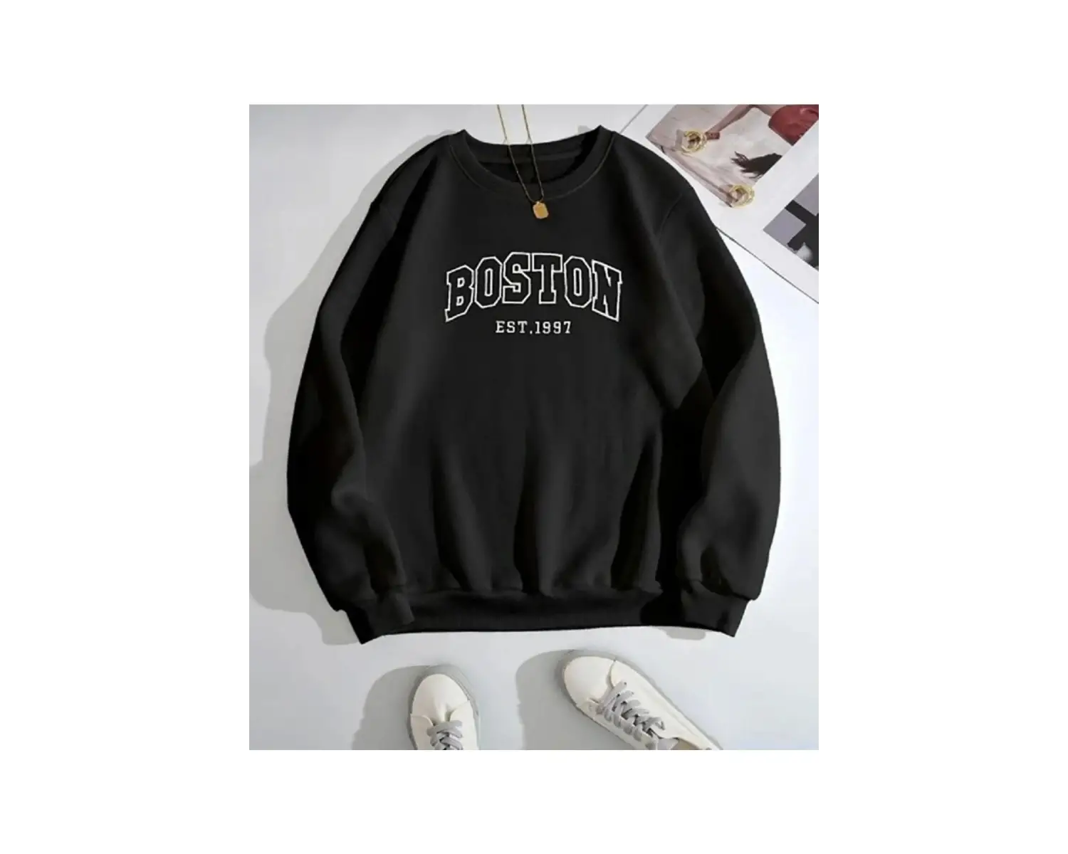 Siyah Unisex Boston Baskılı 0 Yaka Kapşonsuz Pamuklu Sweatshirt