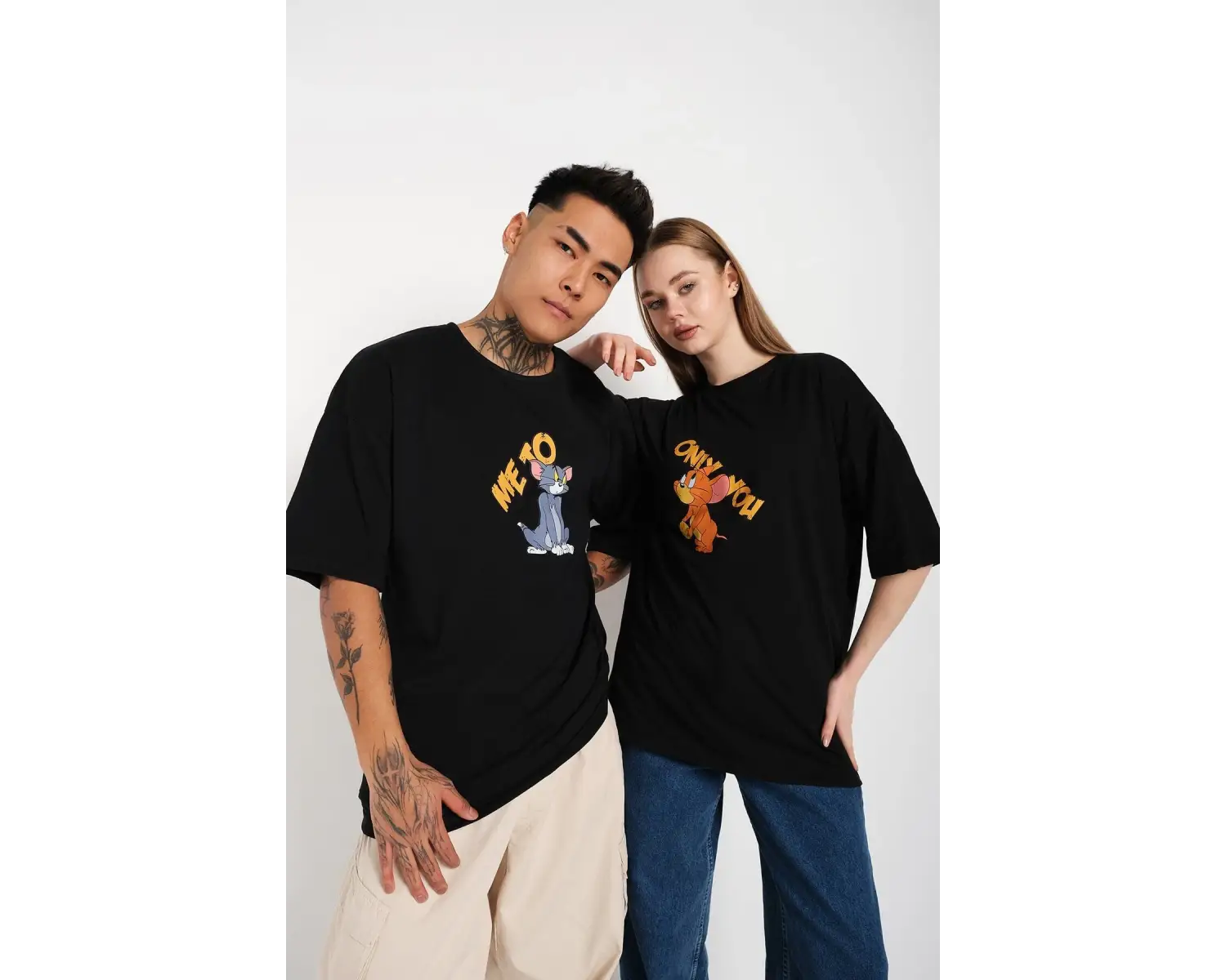 Siyah Unisex Ikili Me To Only You Baskılı Oversize T-shirt