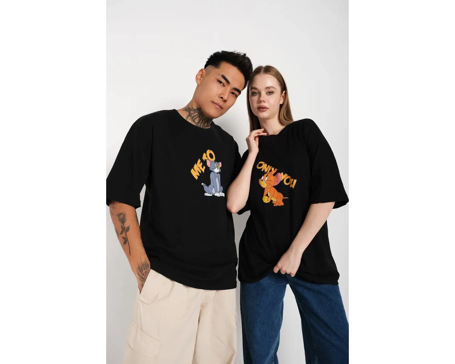 Siyah Unisex Ikili Me To Only You Baskılı Oversize T-shirt