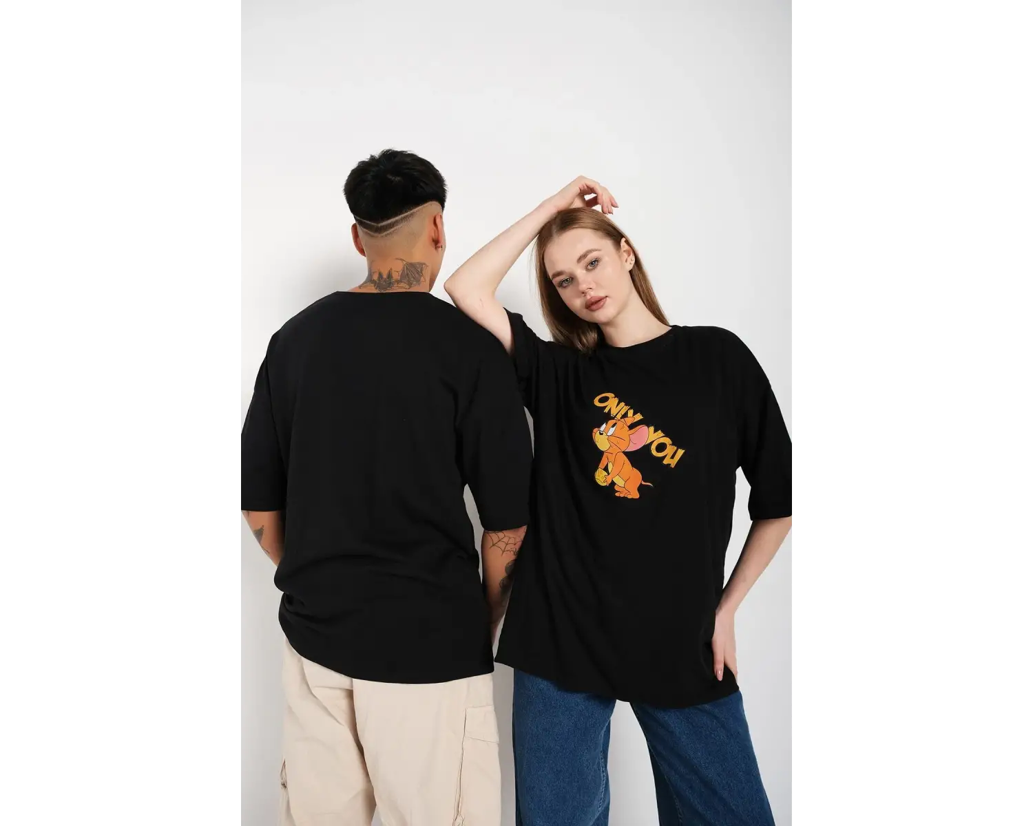 Siyah Unisex Ikili Me To Only You Baskılı Oversize T-shirt