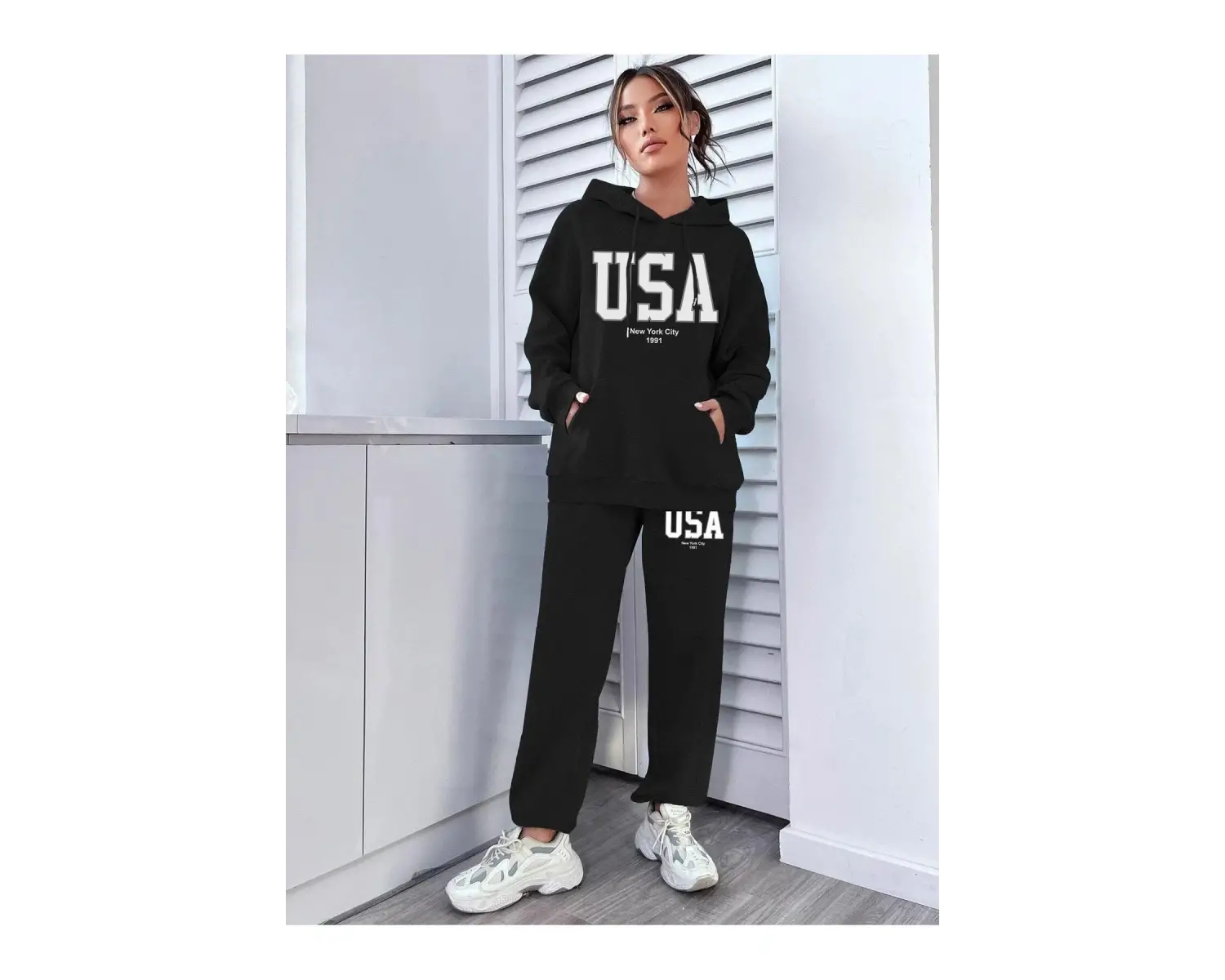 Siyah Usa Dijital Baskılı Kışlık UNİSEX Eşofman Takımı