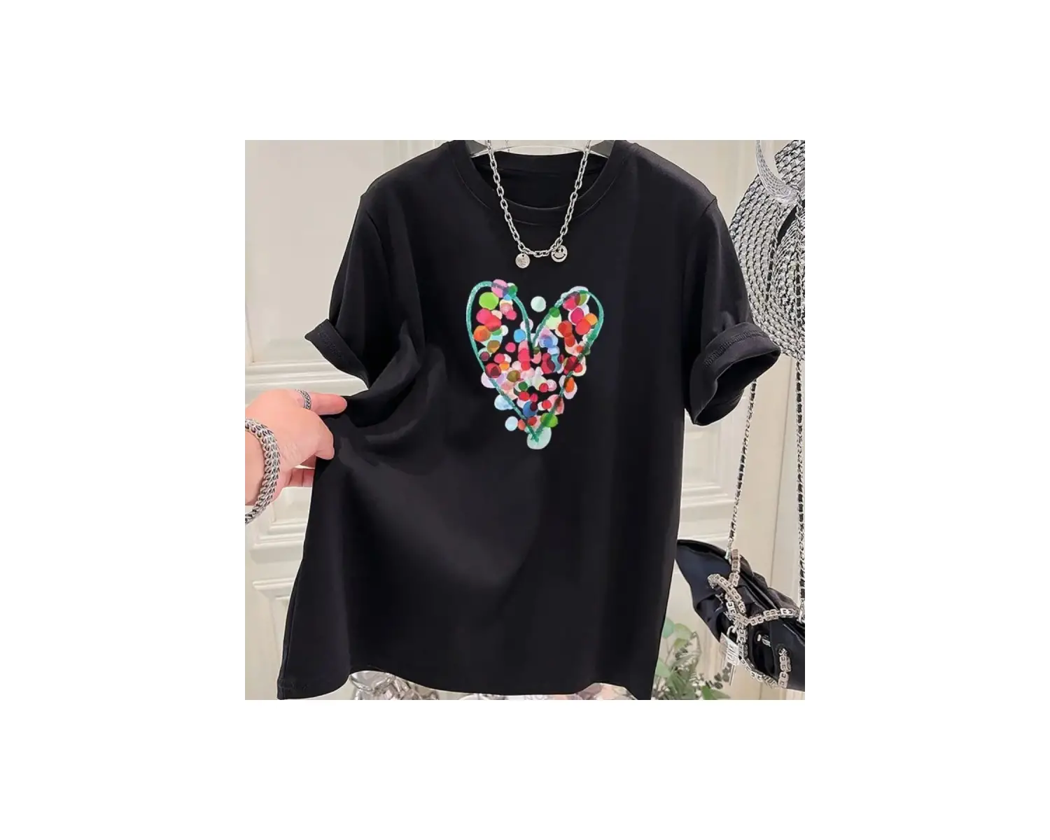 Siyah Yaz El-Boyalı Puantiyeli Baskı Saf O-Boyun En Tees Gevşek