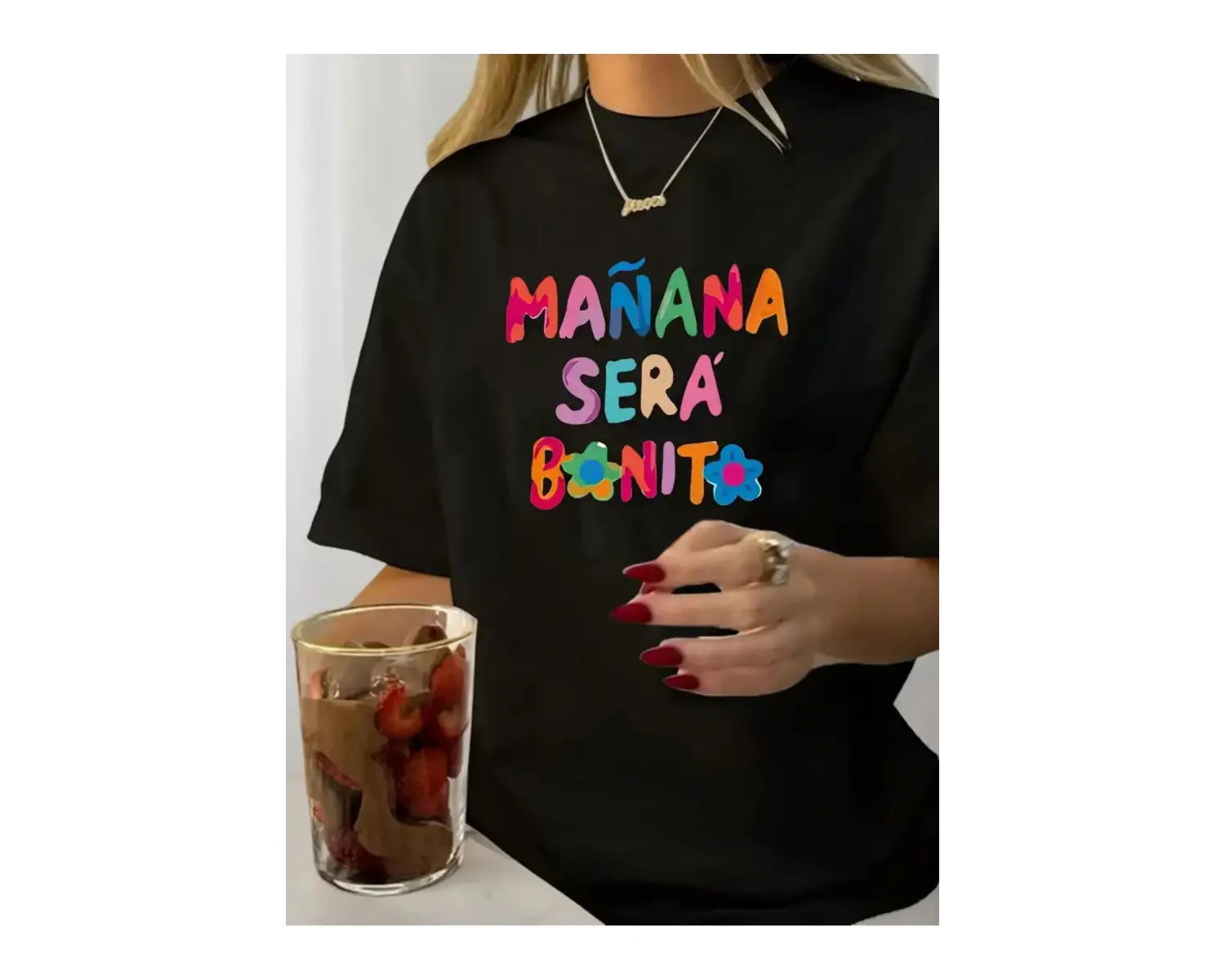 Siyah Yumuşak Vintage Baskı Yuvarlak Yaka T Her Mevsim Üst Tee Graf