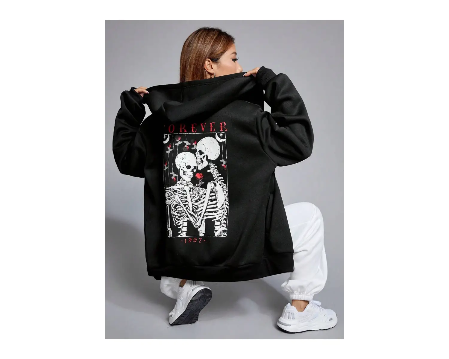 Skeleton & Letter Graphic Zip Up Hoodie Siyah