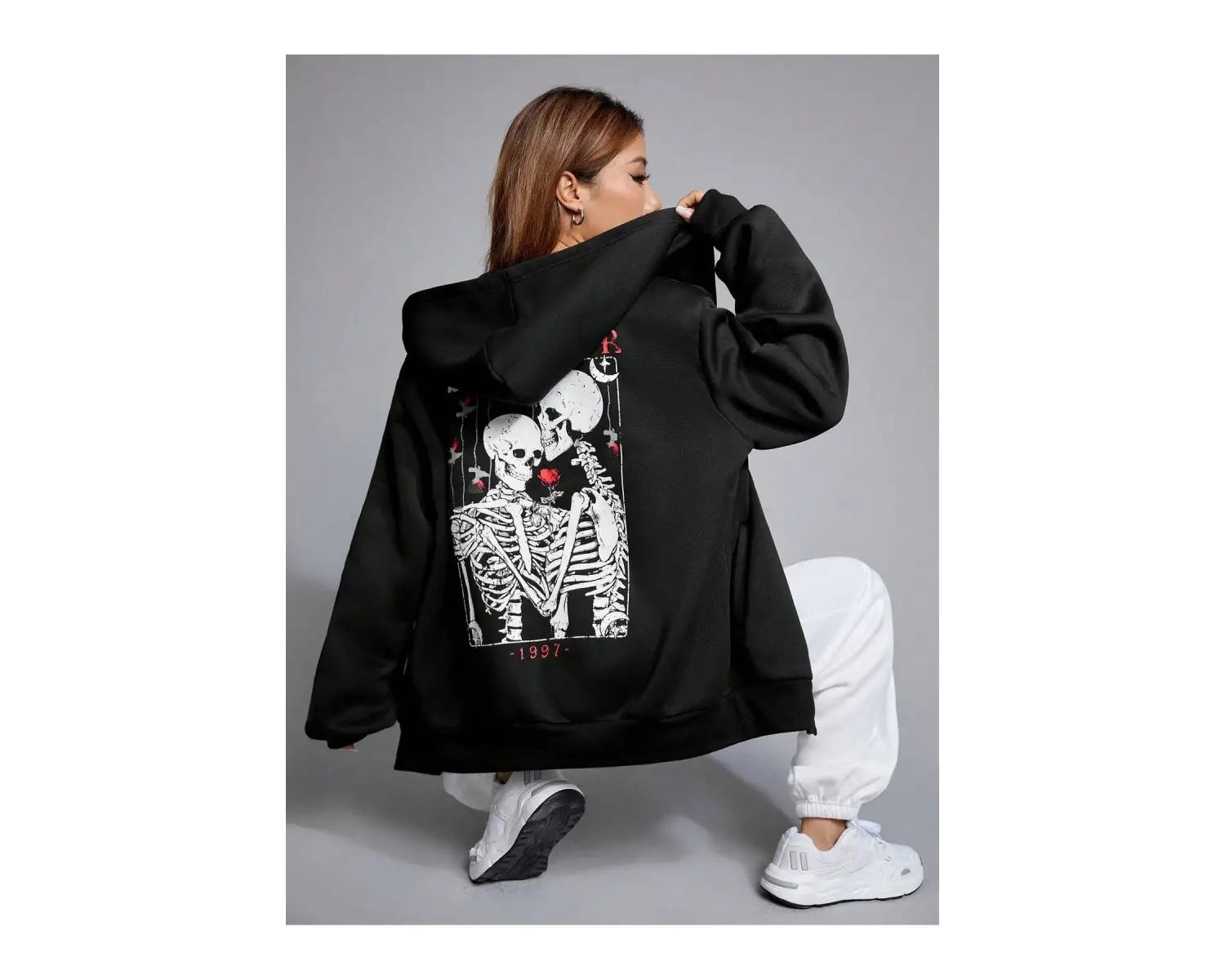 Skeleton & Letter Graphic Zip Up Hoodie Siyah